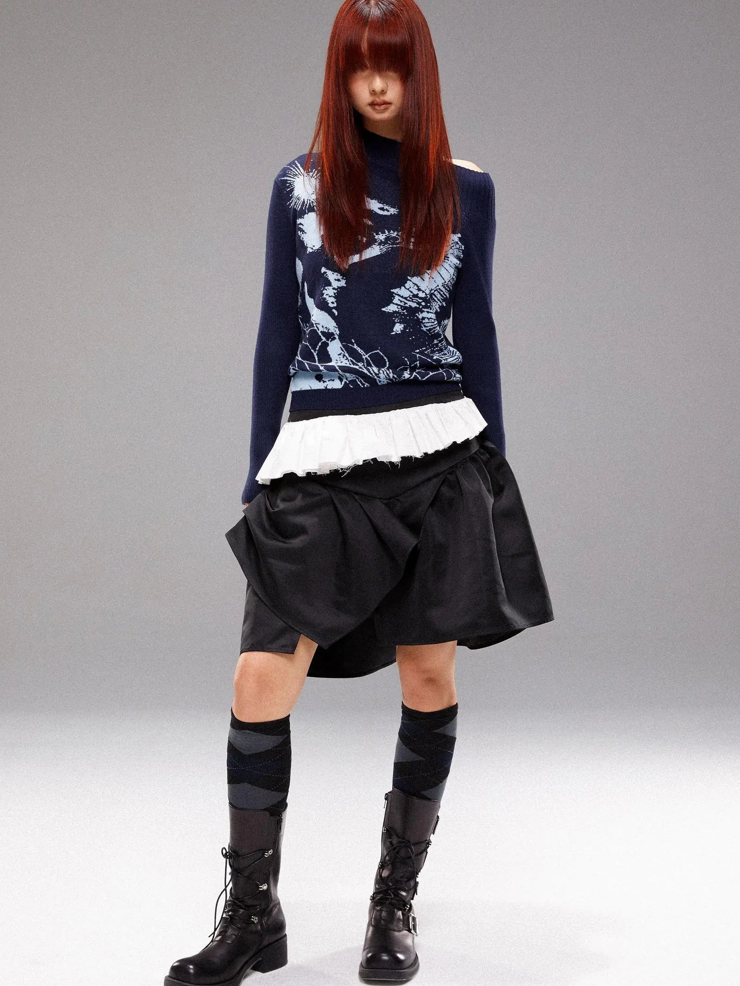 Island Sea Horse Jacquard Knit Top Blue Black