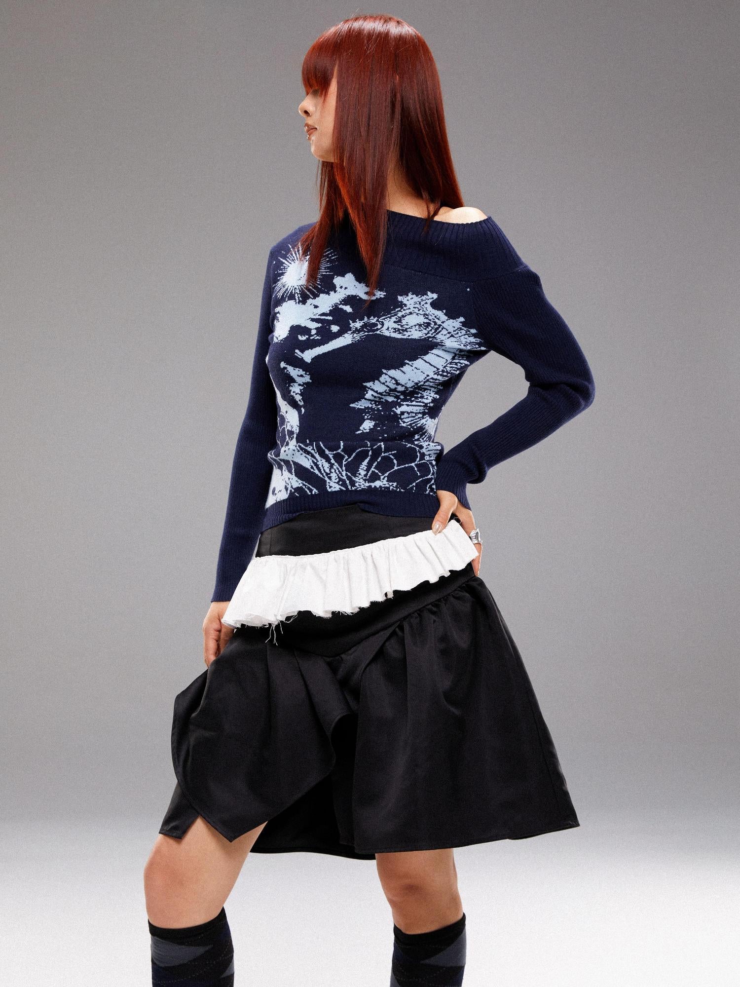 YOSHUYUKI Island Sea Horse Jacquard Knit Top Blue Black