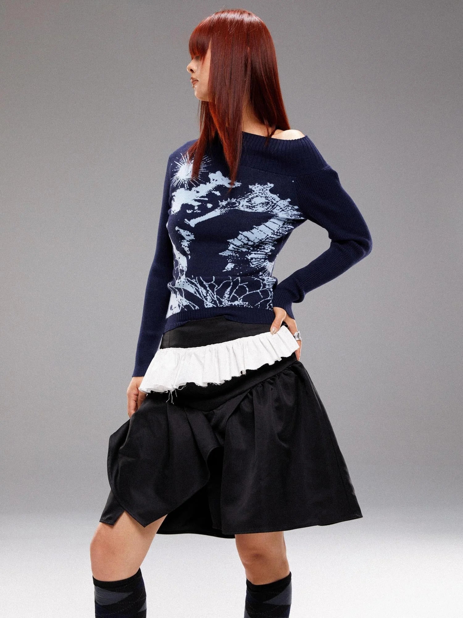 Island Sea Horse Jacquard Knit Top Blue Black