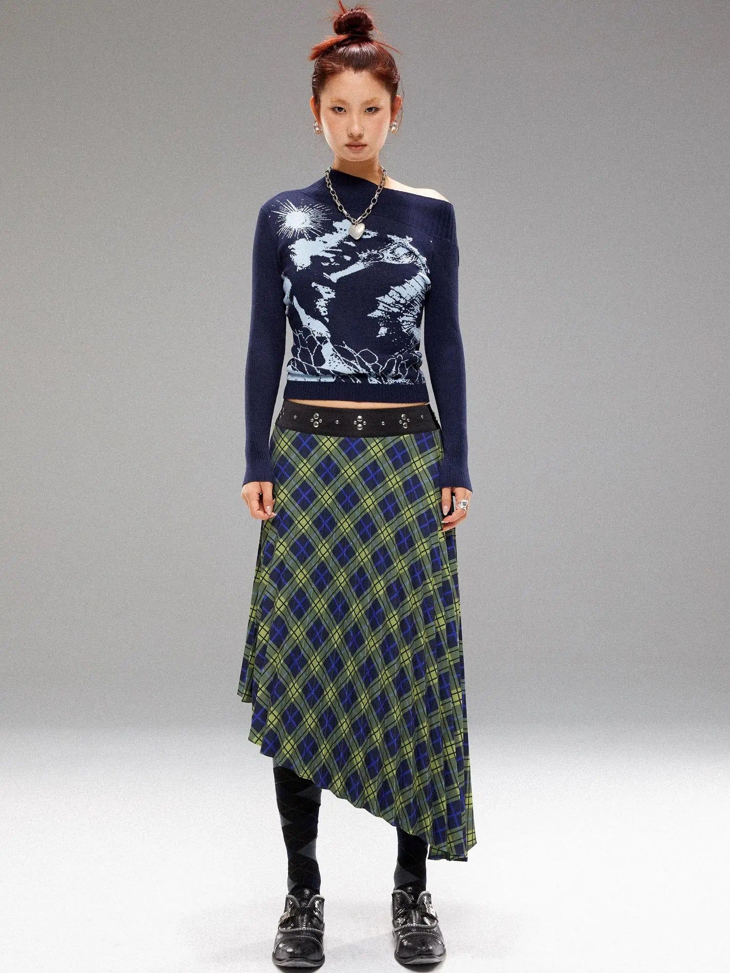 Island Sea Horse Jacquard Knit Top Blue Black