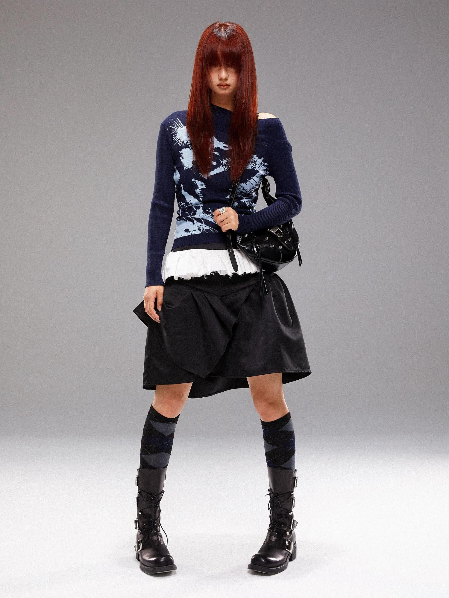 YOSHUYUKI Island Sea Horse Jacquard Knit Top Blue Black