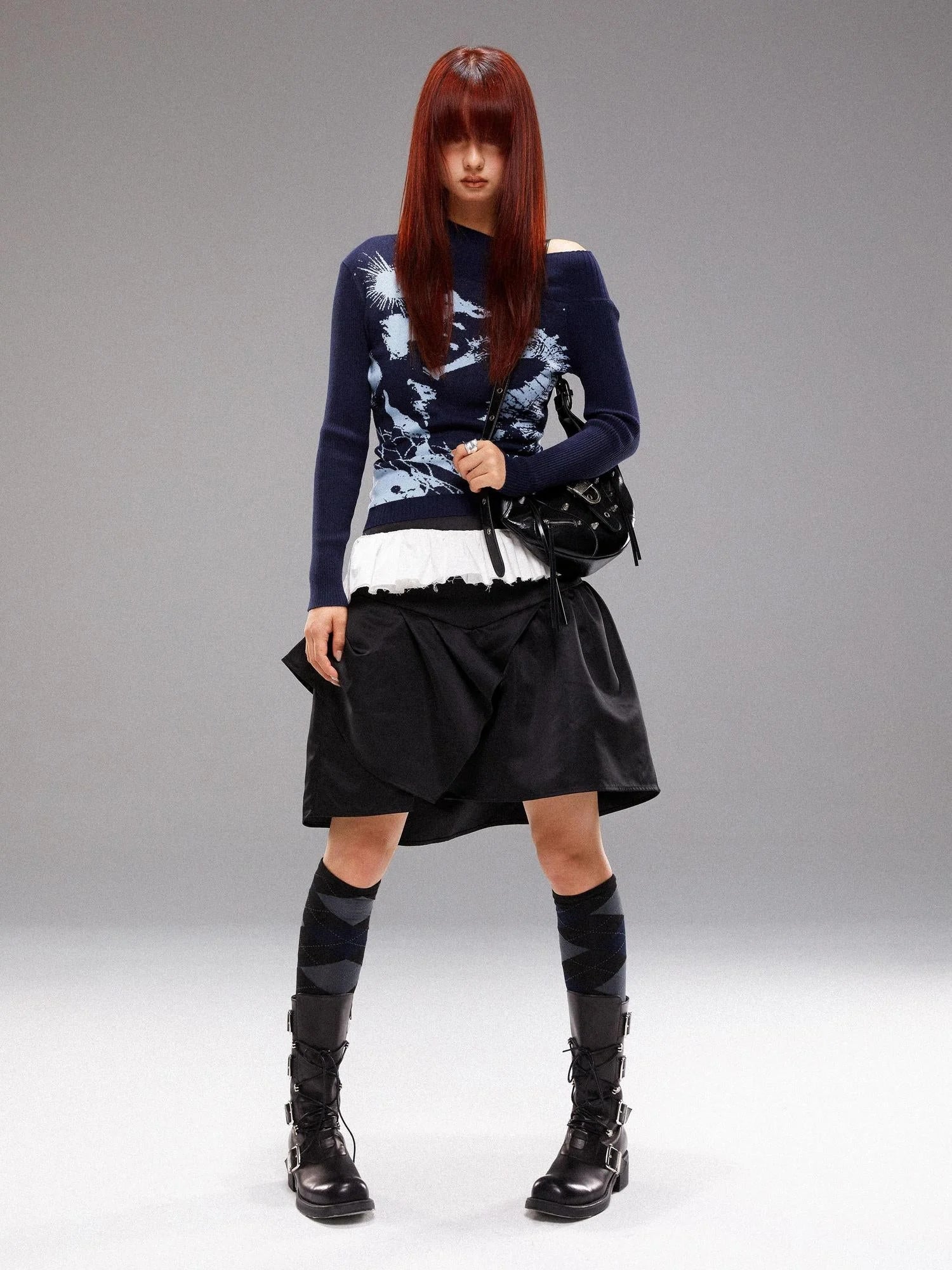 Island Sea Horse Jacquard Knit Top Blue Black