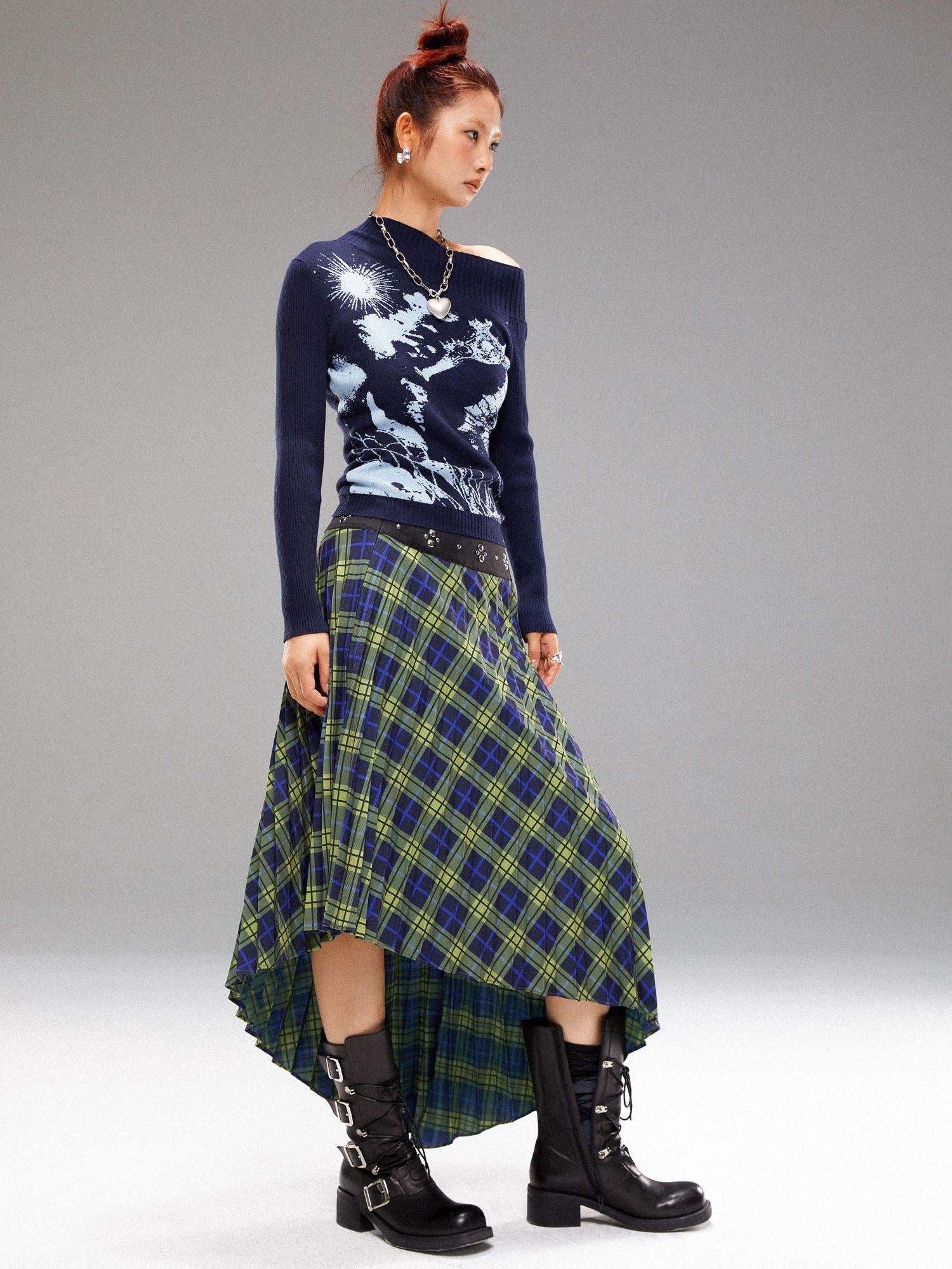 YOSHUYUKI Island Sea Horse Jacquard Knit Top Blue Black