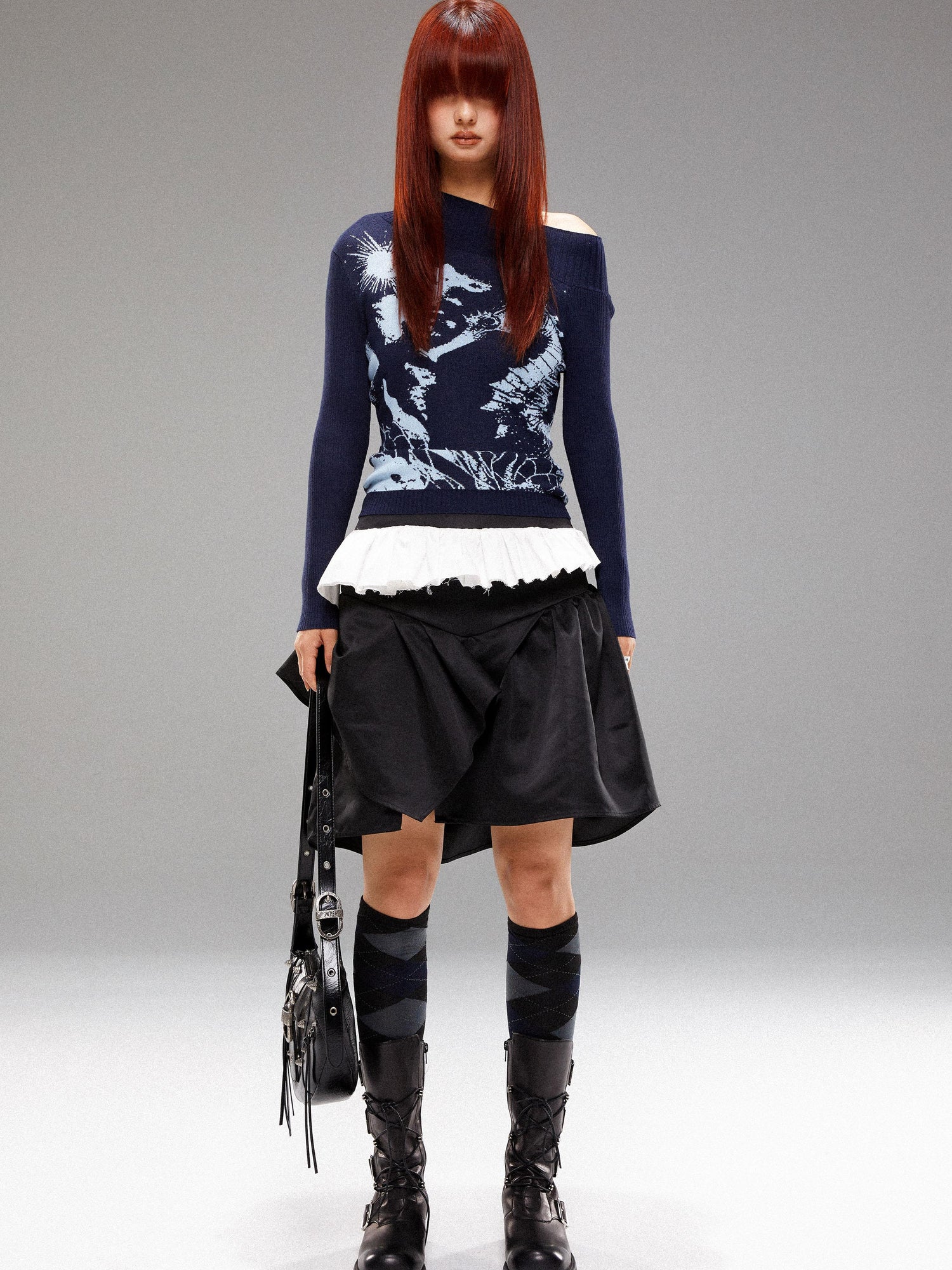 YOSHUYUKI Island Sea Horse Jacquard Knit Top Blue Black