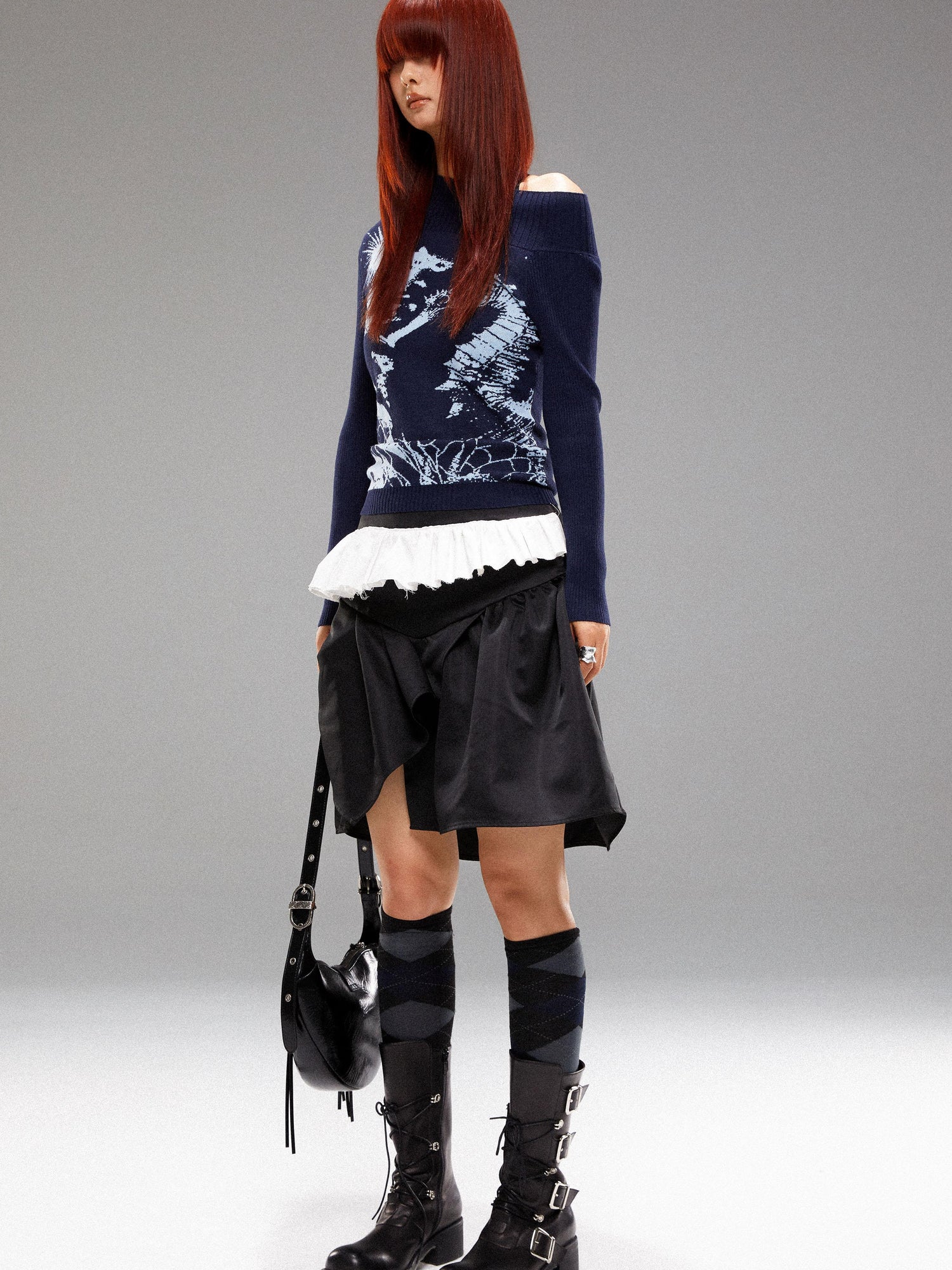YOSHUYUKI Island Sea Horse Jacquard Knit Top Blue Black