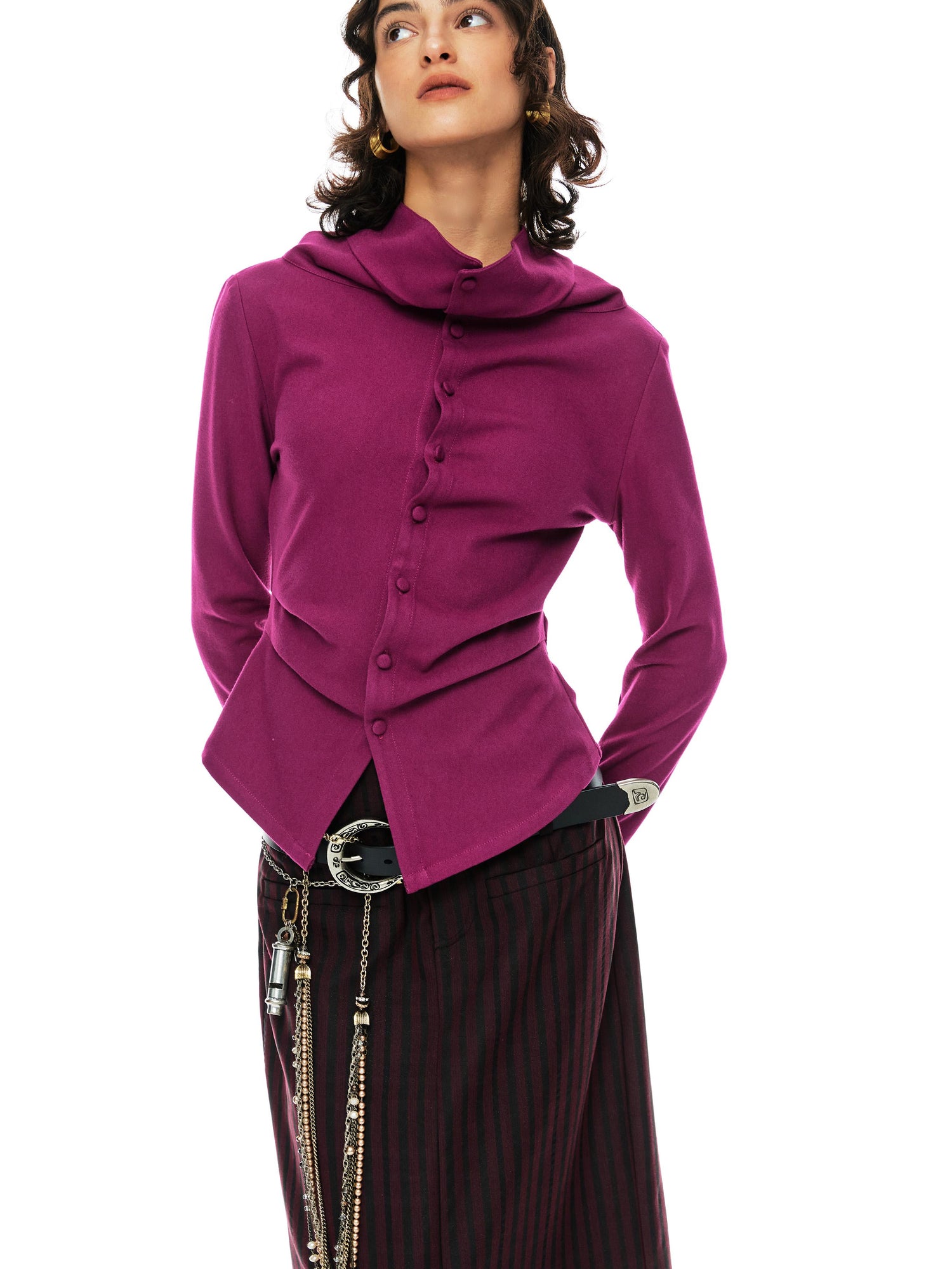 YOSHUYUKI Slim Merino Top Raspberry Tie Front Versatile Knitwear