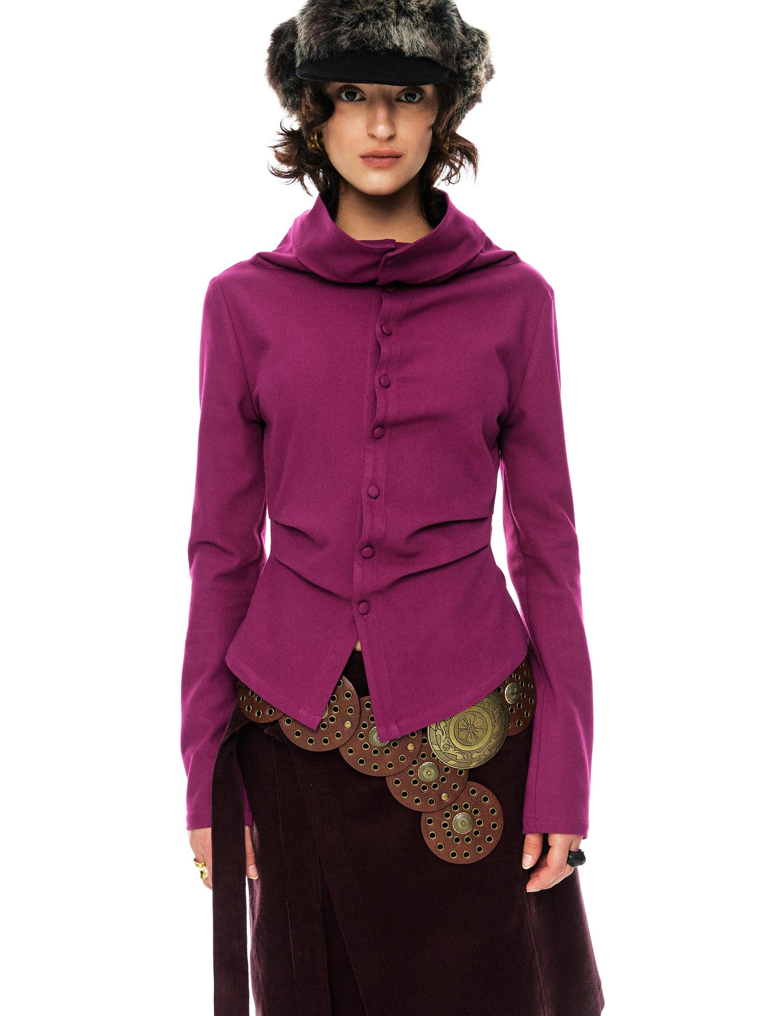 YOSHUYUKI Slim Merino Top Raspberry Tie Front Versatile Knitwear