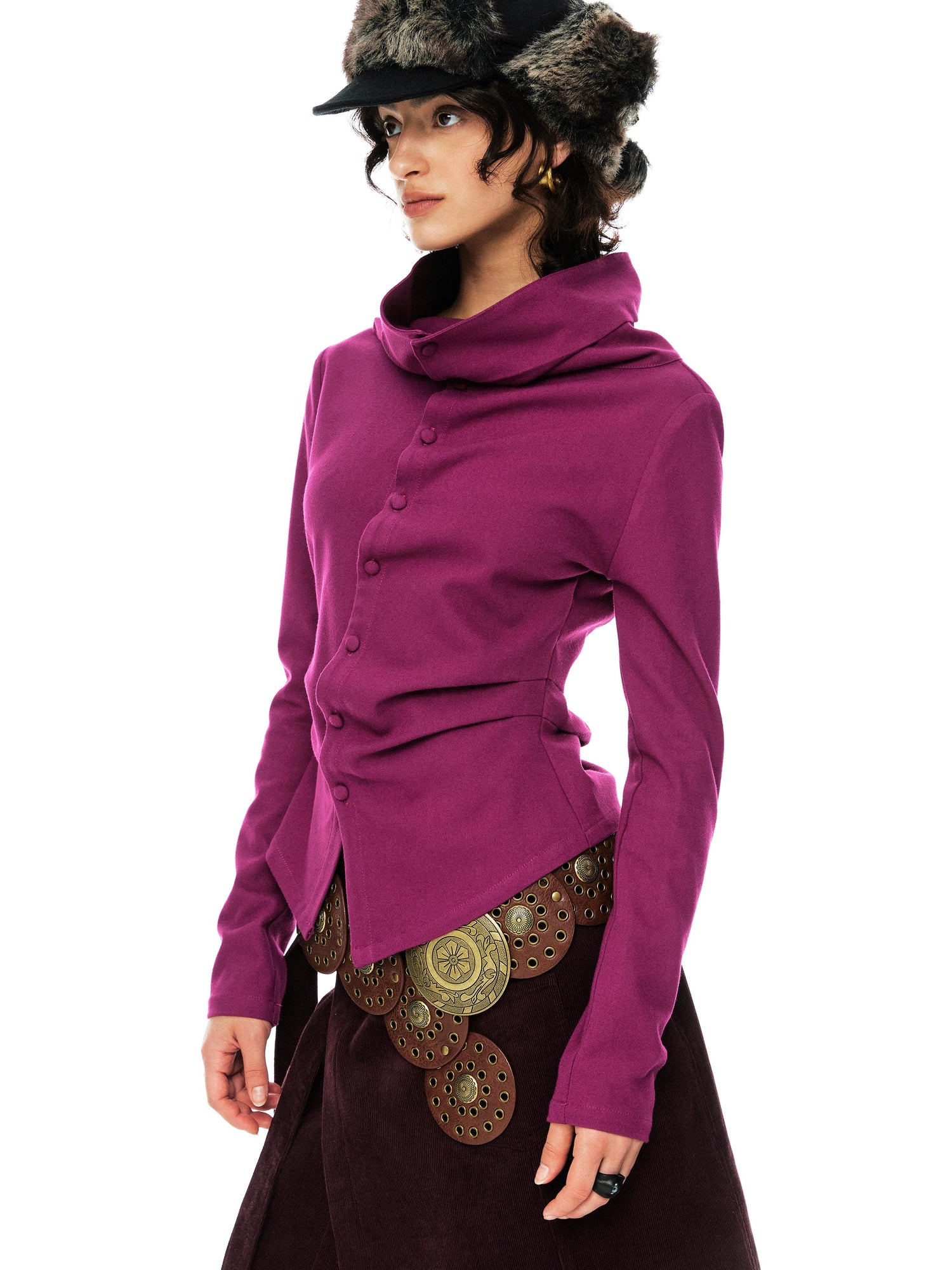 YOSHUYUKI Slim Merino Top Raspberry Tie Front Versatile Knitwear