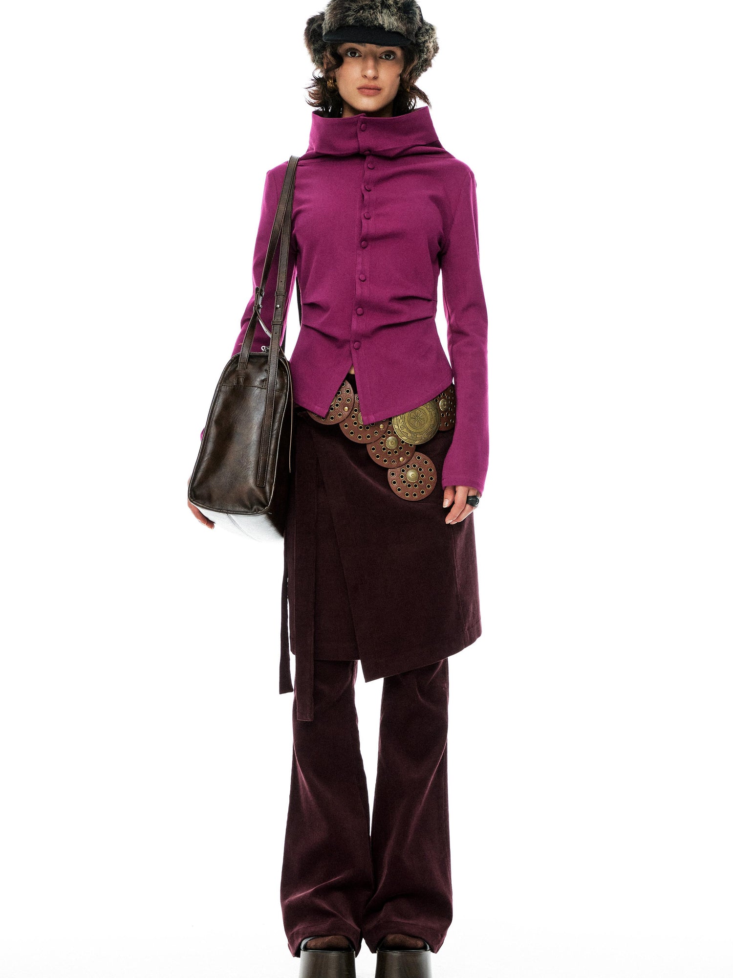 YOSHUYUKI Slim Merino Top Raspberry Tie Front Versatile Knitwear