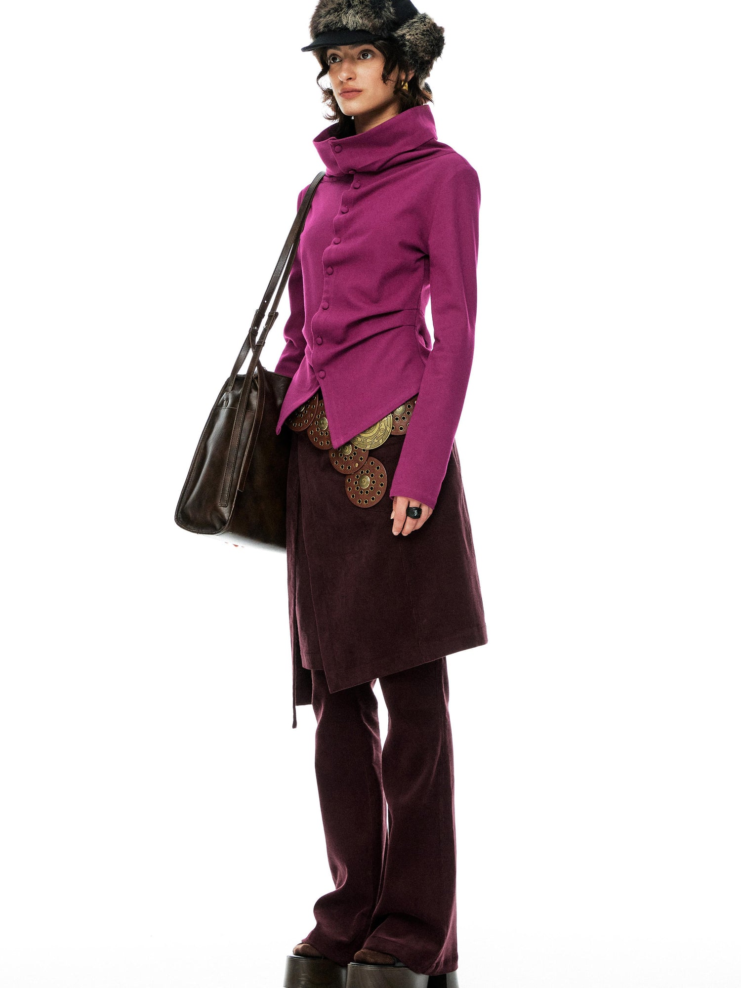 YOSHUYUKI Slim Merino Top Raspberry Tie Front Versatile Knitwear