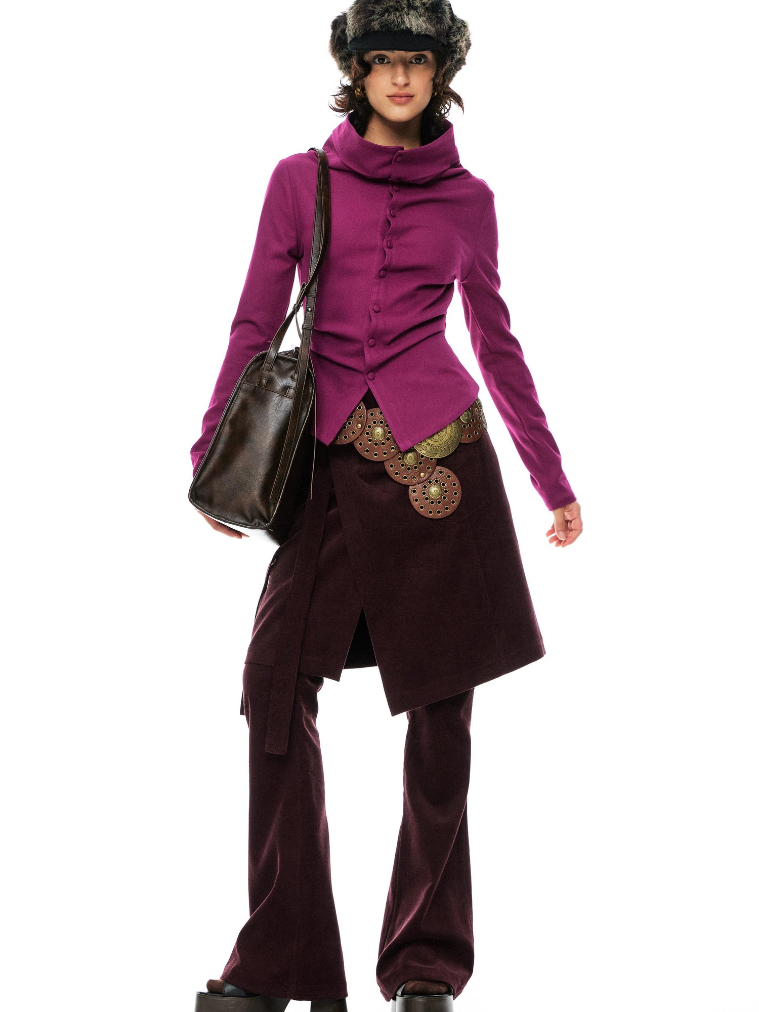YOSHUYUKI Slim Merino Top Raspberry Tie Front Versatile Knitwear