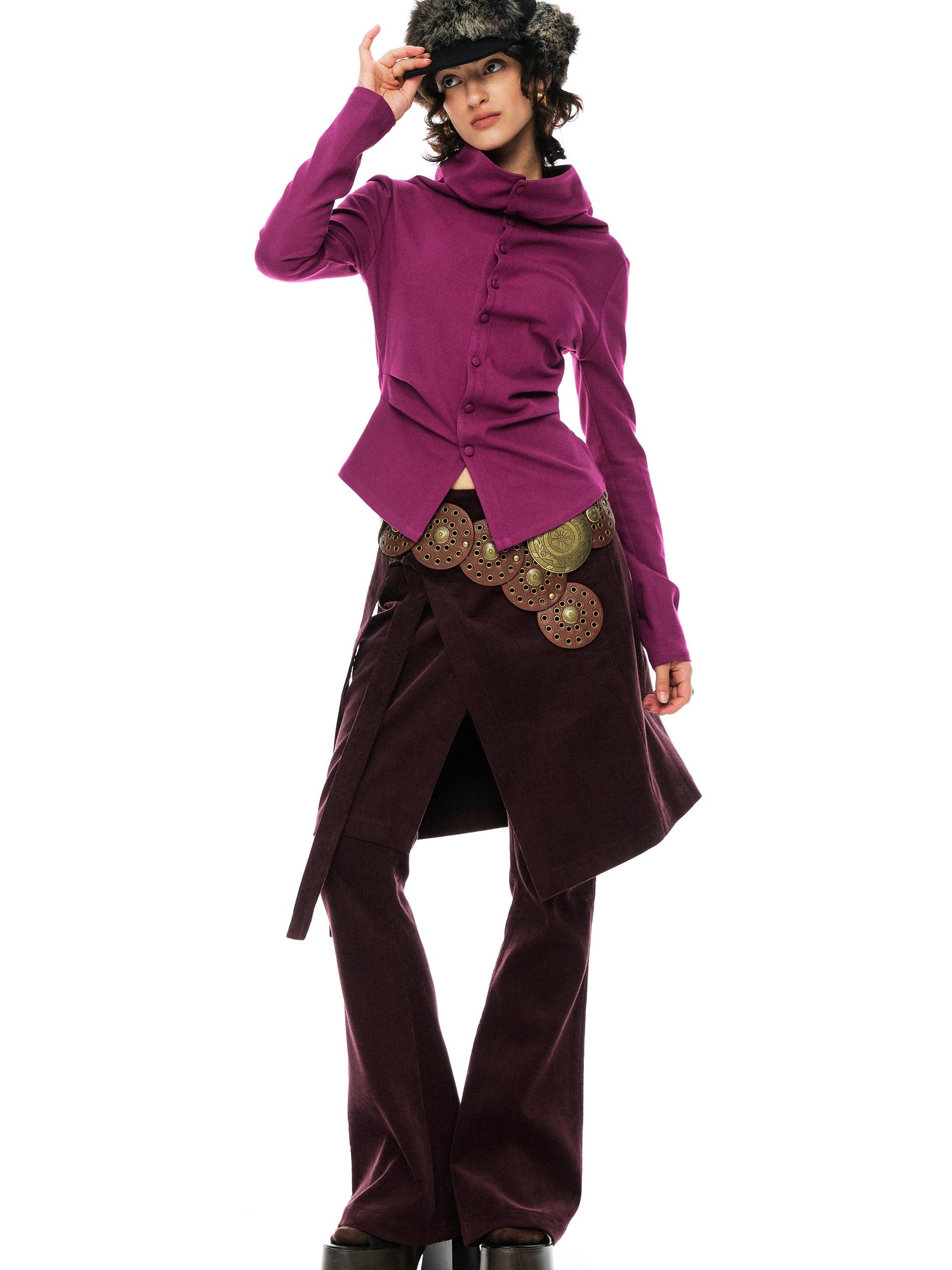 YOSHUYUKI Slim Merino Top Raspberry Tie Front Versatile Knitwear