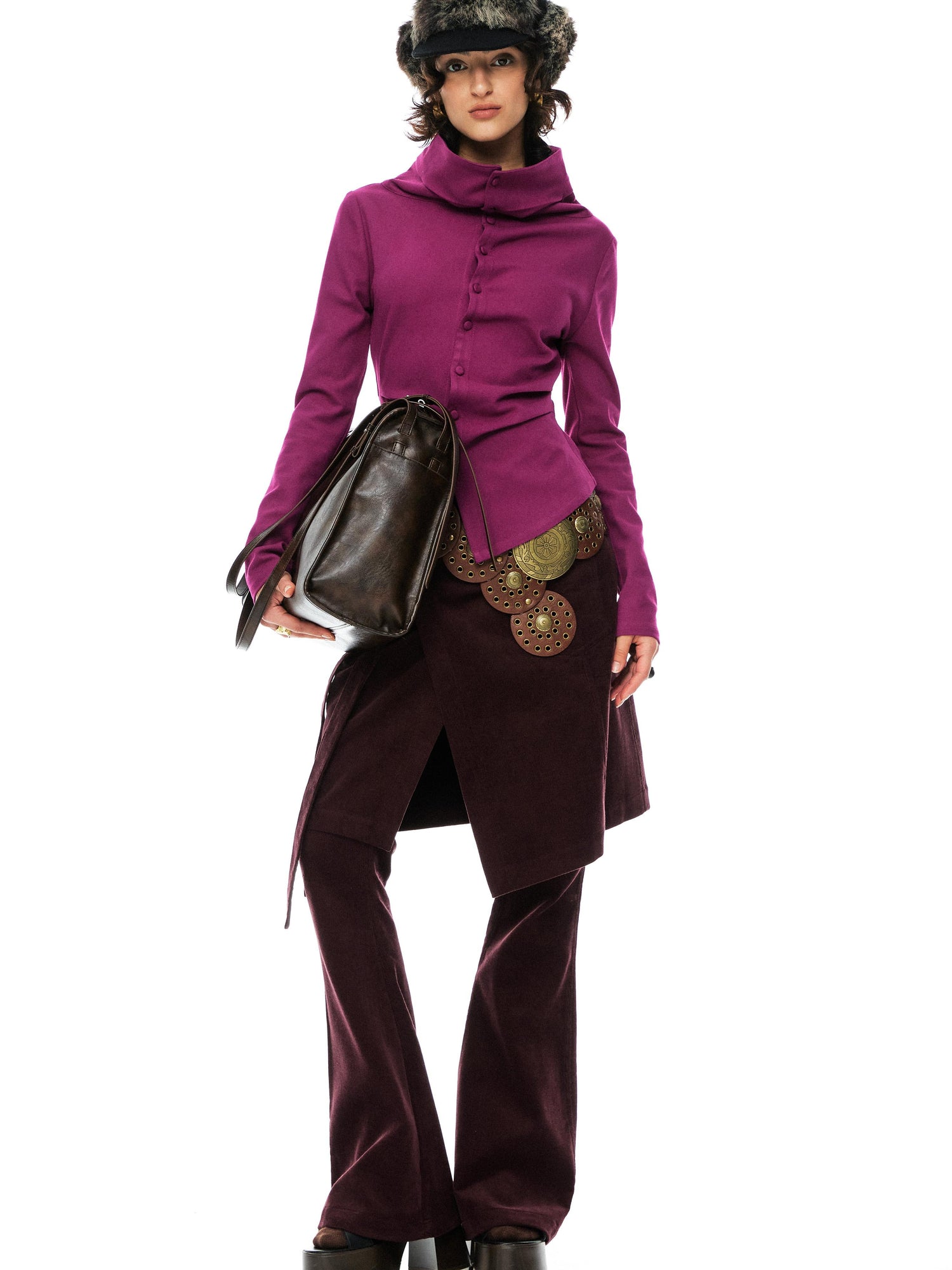 YOSHUYUKI Slim Merino Top Raspberry Tie Front Versatile Knitwear