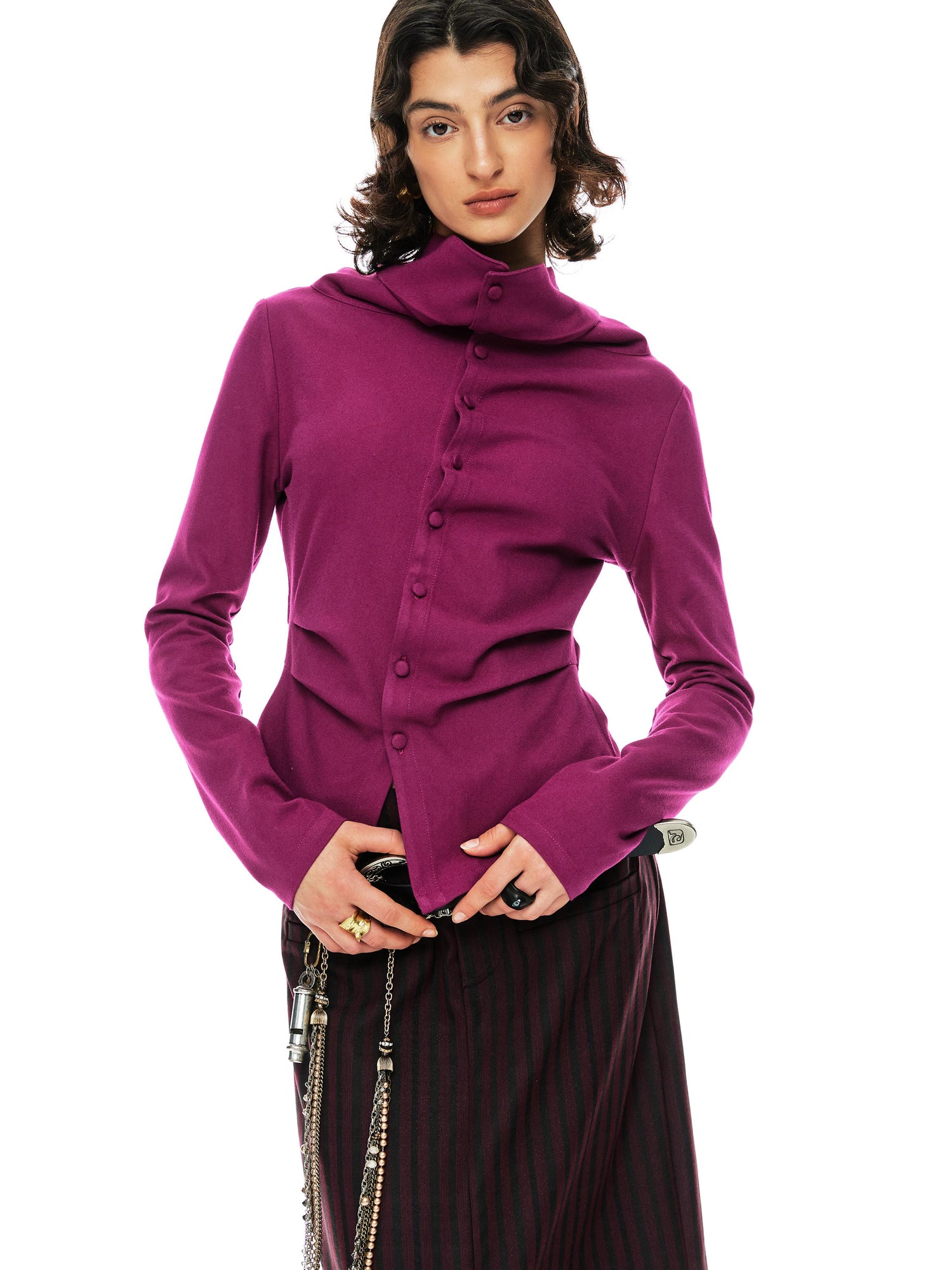 YOSHUYUKI Slim Merino Top Raspberry Tie Front Versatile Knitwear