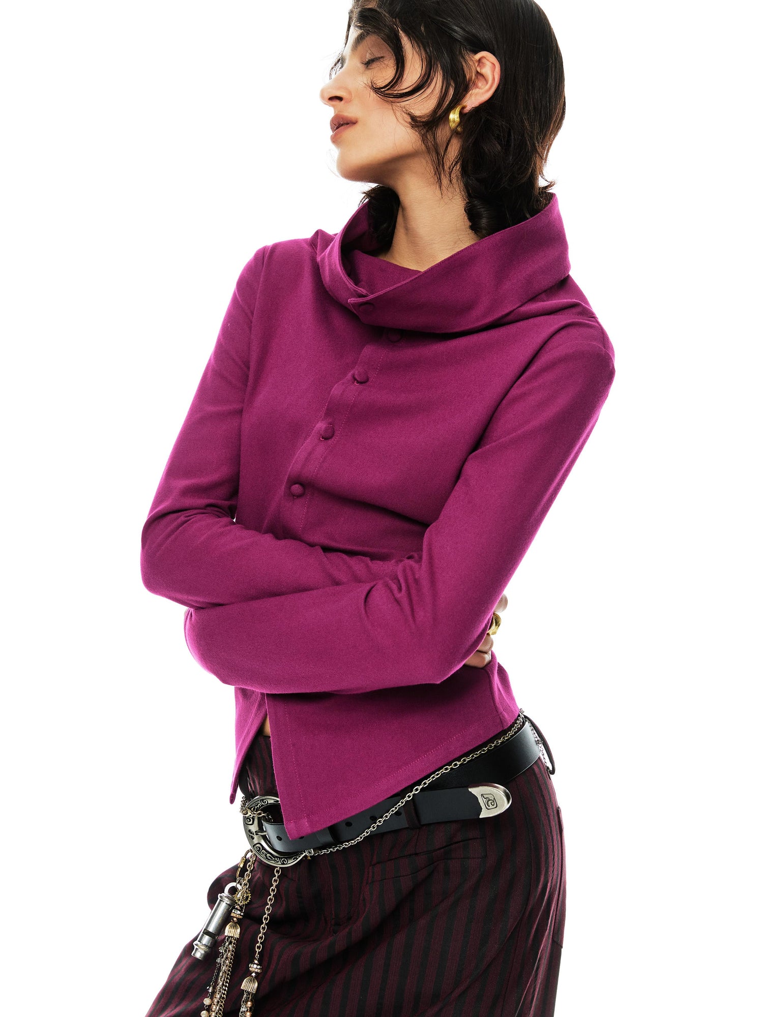 YOSHUYUKI Slim Merino Top Raspberry Tie Front Versatile Knitwear