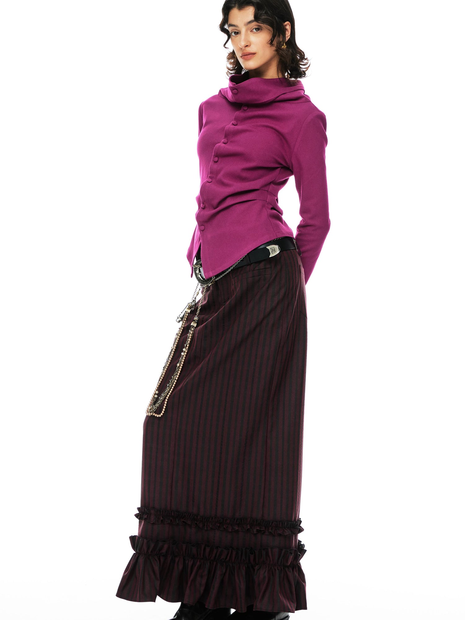 YOSHUYUKI Slim Merino Top Raspberry Tie Front Versatile Knitwear