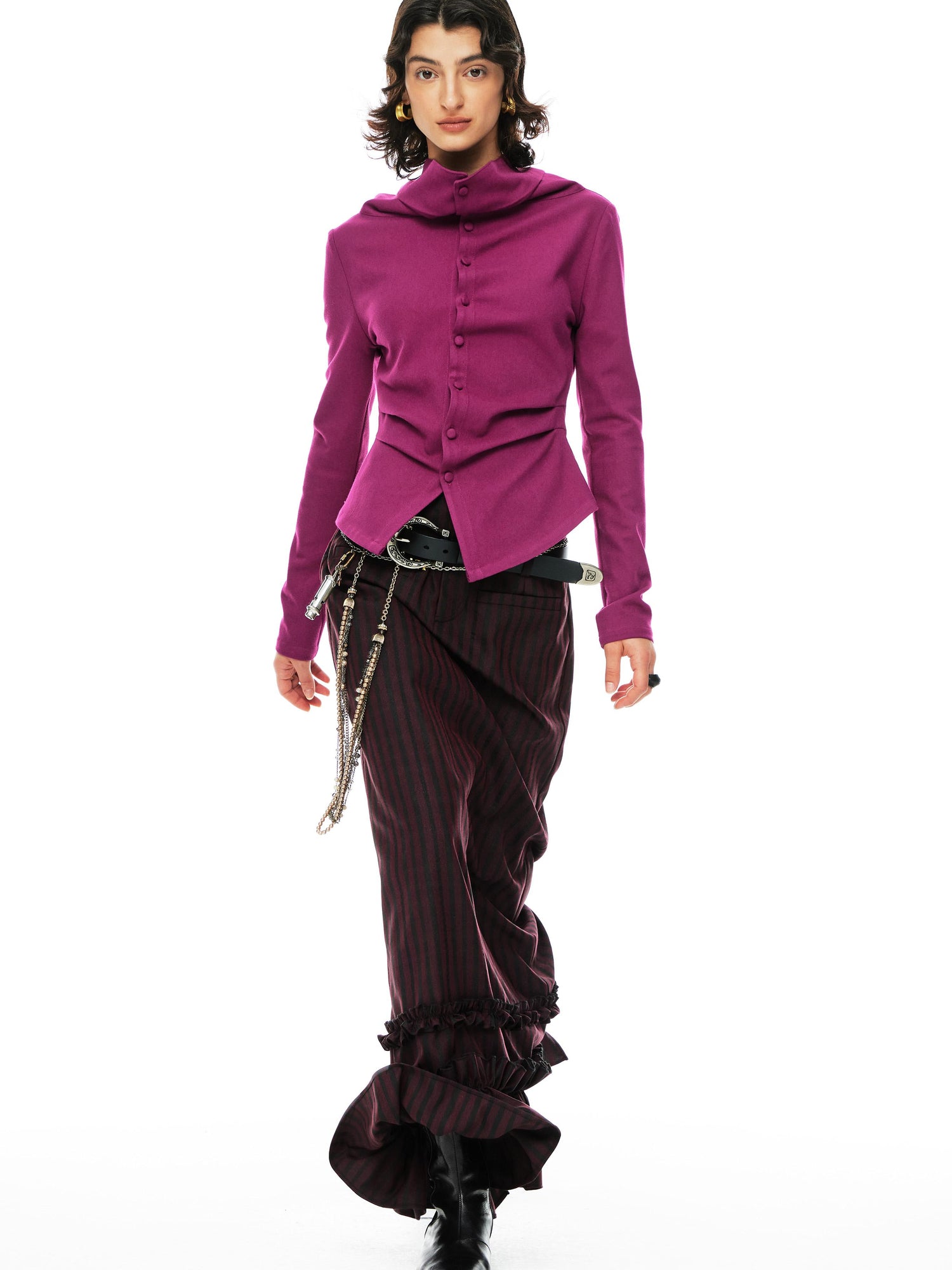 YOSHUYUKI Slim Merino Top Raspberry Tie Front Versatile Knitwear