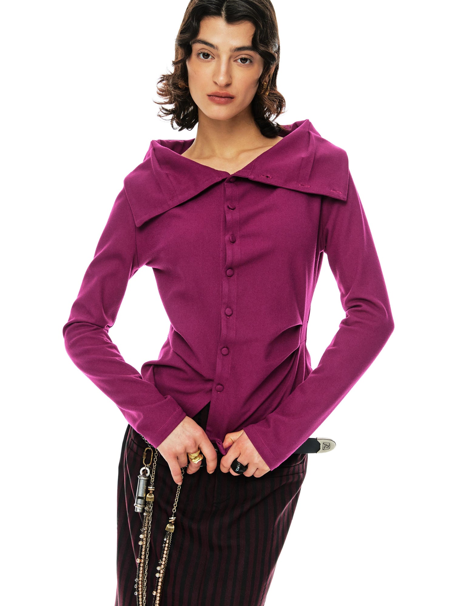 YOSHUYUKI Slim Merino Top Raspberry Tie Front Versatile Knitwear