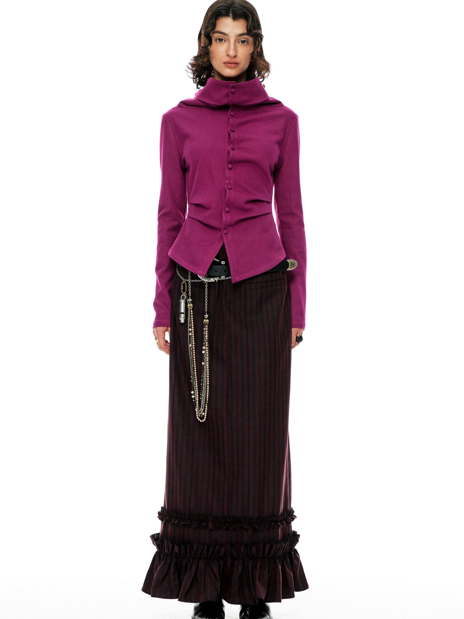 YOSHUYUKI Slim Merino Top Raspberry Tie Front Versatile Knitwear