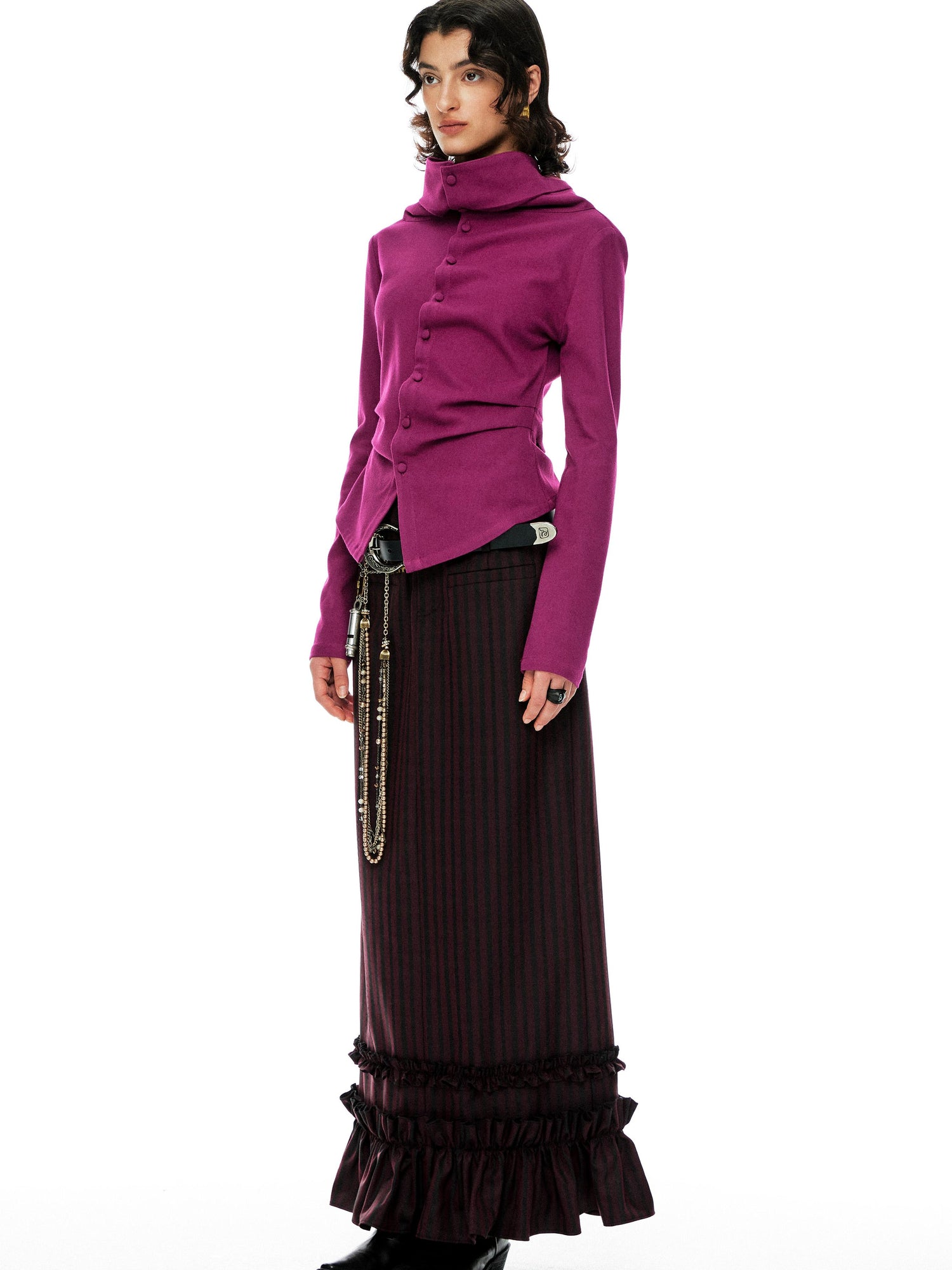 YOSHUYUKI Slim Merino Top Raspberry Tie Front Versatile Knitwear