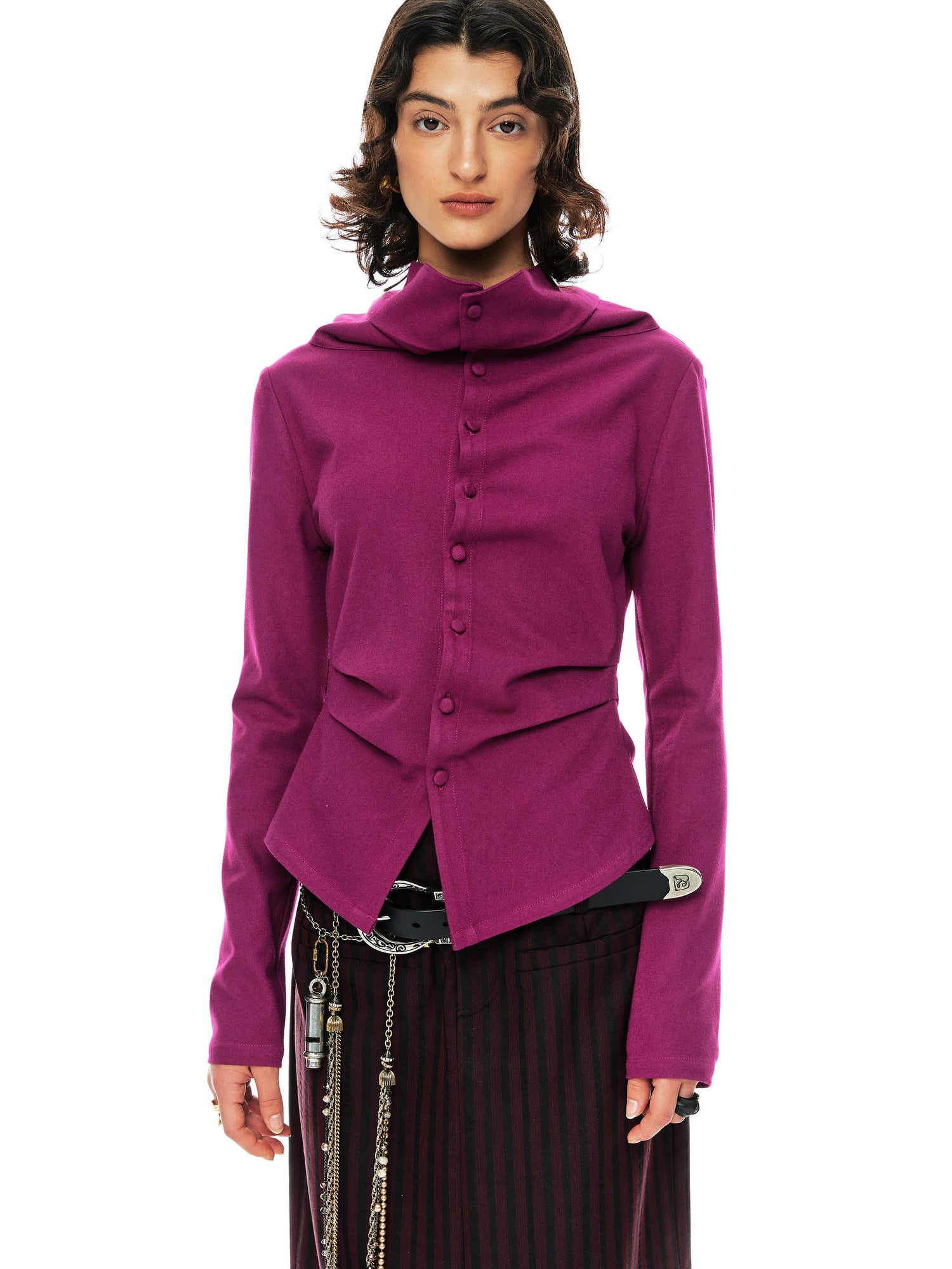 YOSHUYUKI Slim Merino Top Raspberry Tie Front Versatile Knitwear