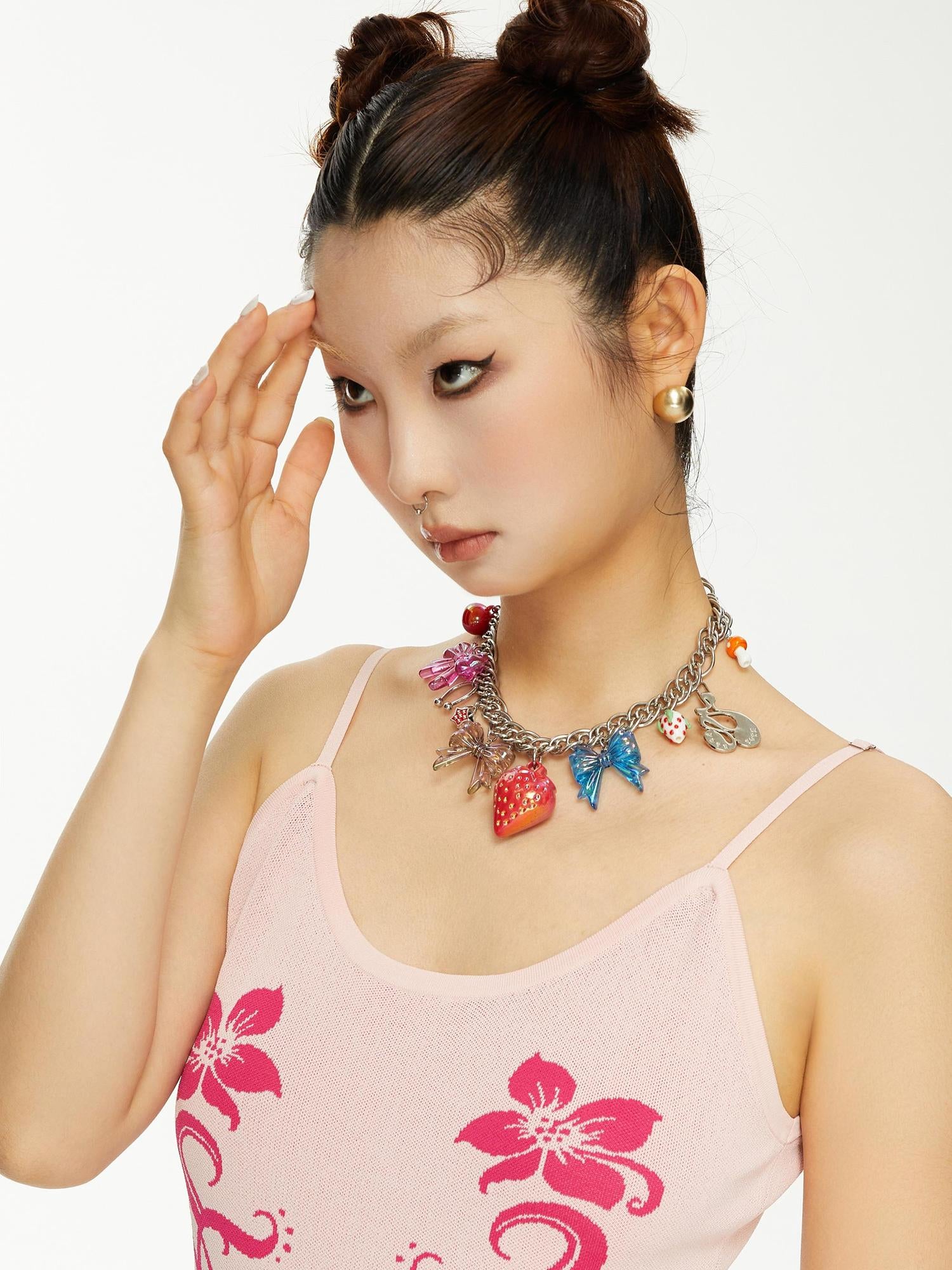 YOSHUYUKI Strawberry Bow Metal Necklace