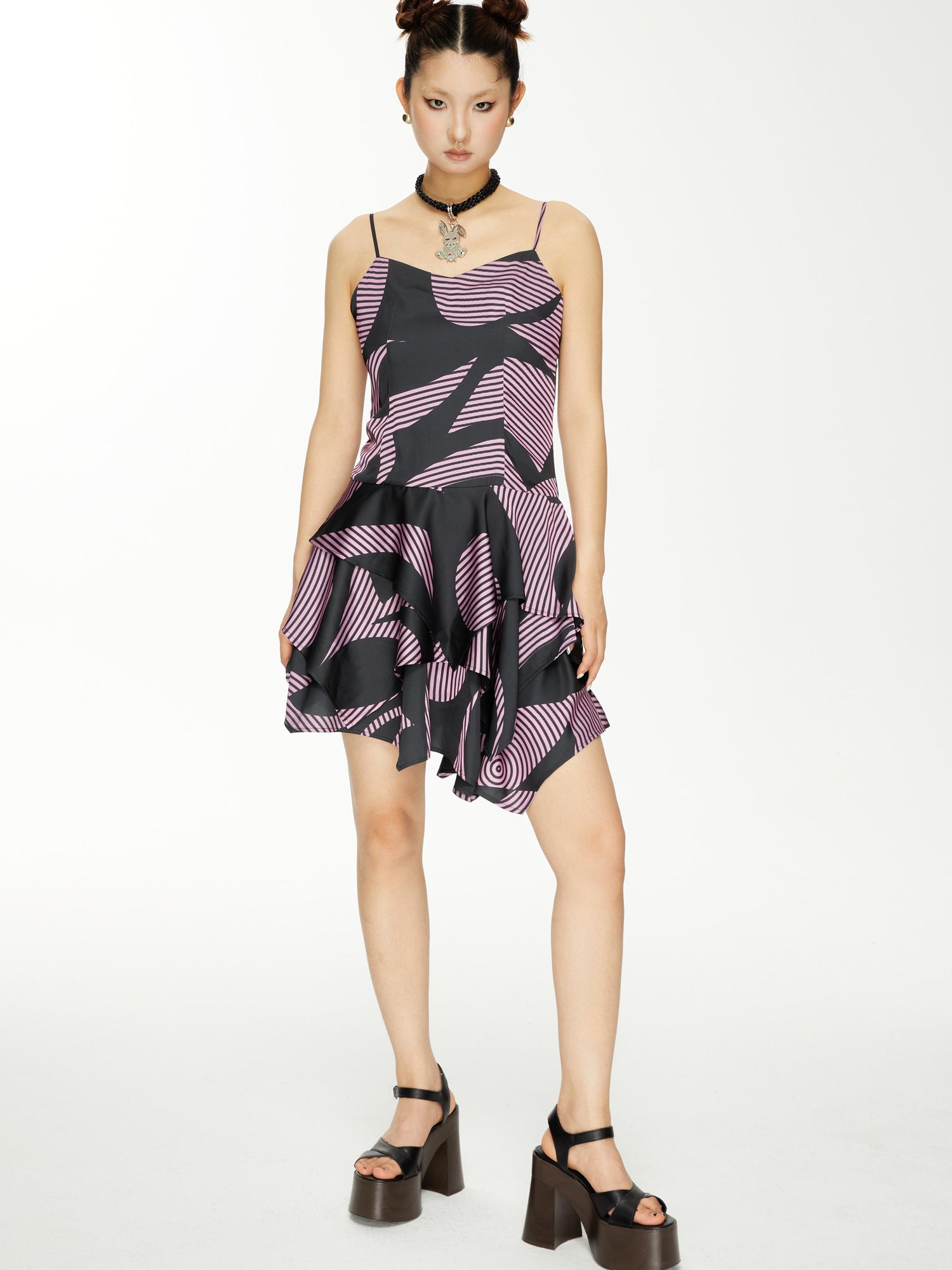 YOSHUYUKI s Geometric Stripe Print Asymmetric Hem Slip V-neck Dress