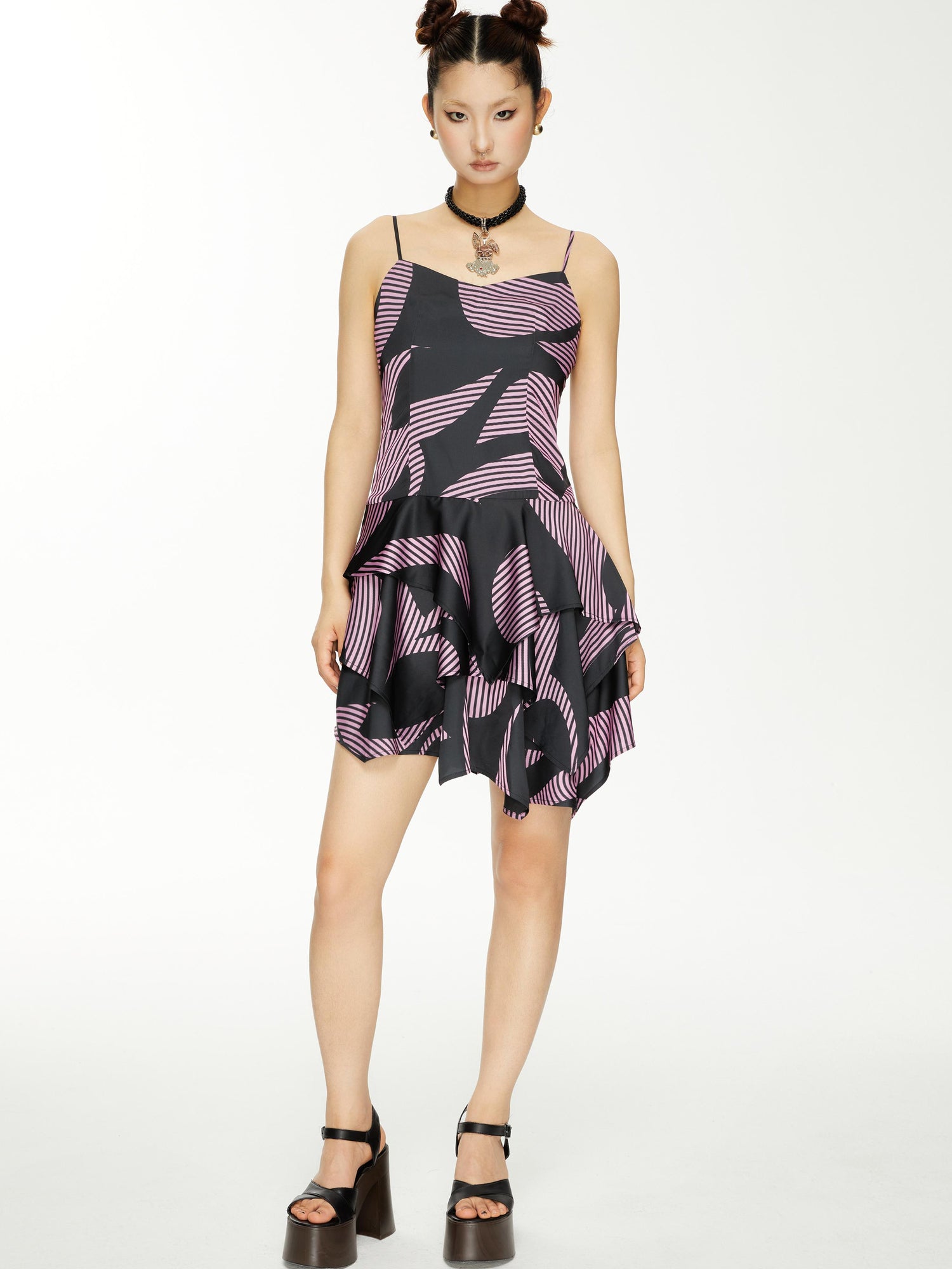 YOSHUYUKI s Geometric Stripe Print Asymmetric Hem Slip V-neck Dress