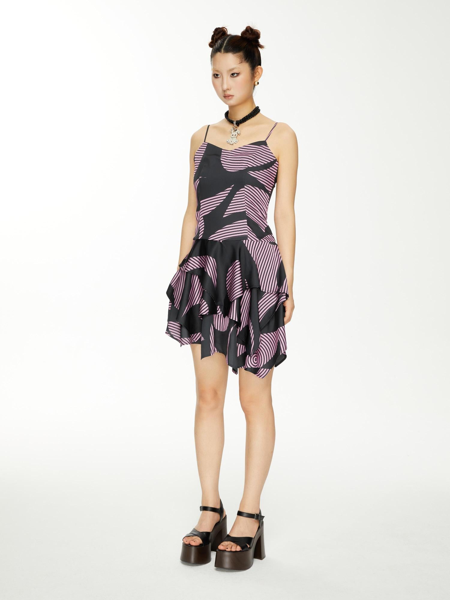 YOSHUYUKI s Geometric Stripe Print Asymmetric Hem Slip V-neck Dress