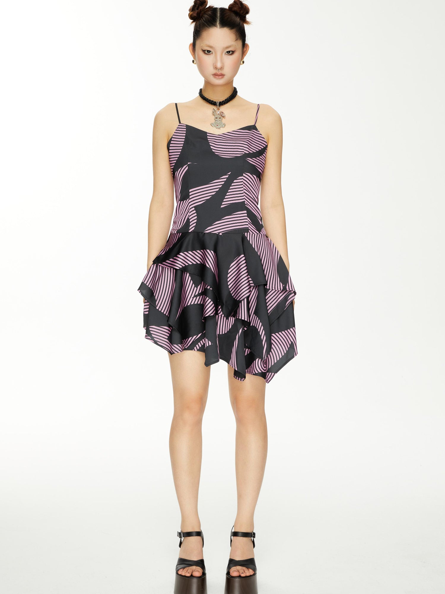 YOSHUYUKI s Geometric Stripe Print Asymmetric Hem Slip V-neck Dress