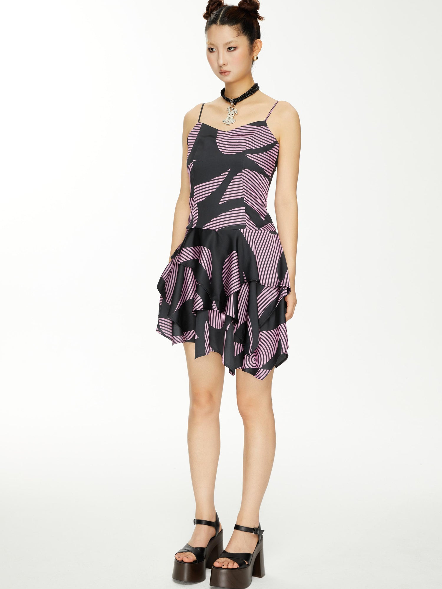 YOSHUYUKI s Geometric Stripe Print Asymmetric Hem Slip V-neck Dress