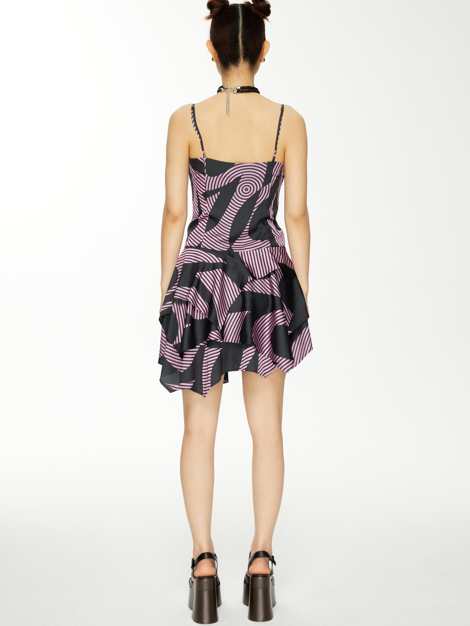 YOSHUYUKI s Geometric Stripe Print Asymmetric Hem Slip V-neck Dress
