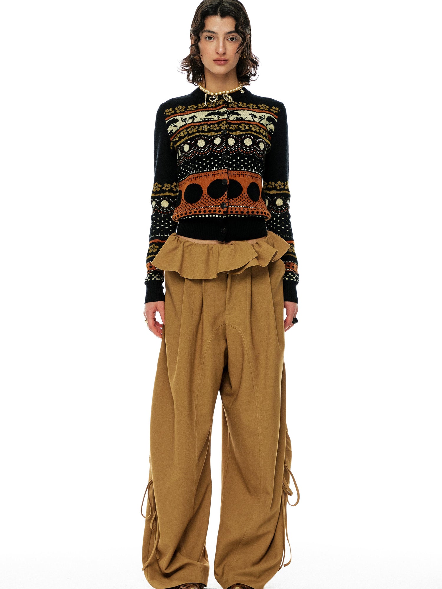 YOSHUYUKI s Khaki Lace Ruffle Flared Palazzo Trousers