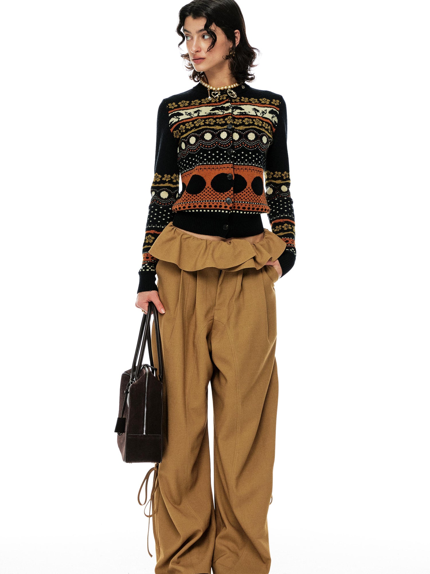 YOSHUYUKI s Khaki Lace Ruffle Flared Palazzo Trousers