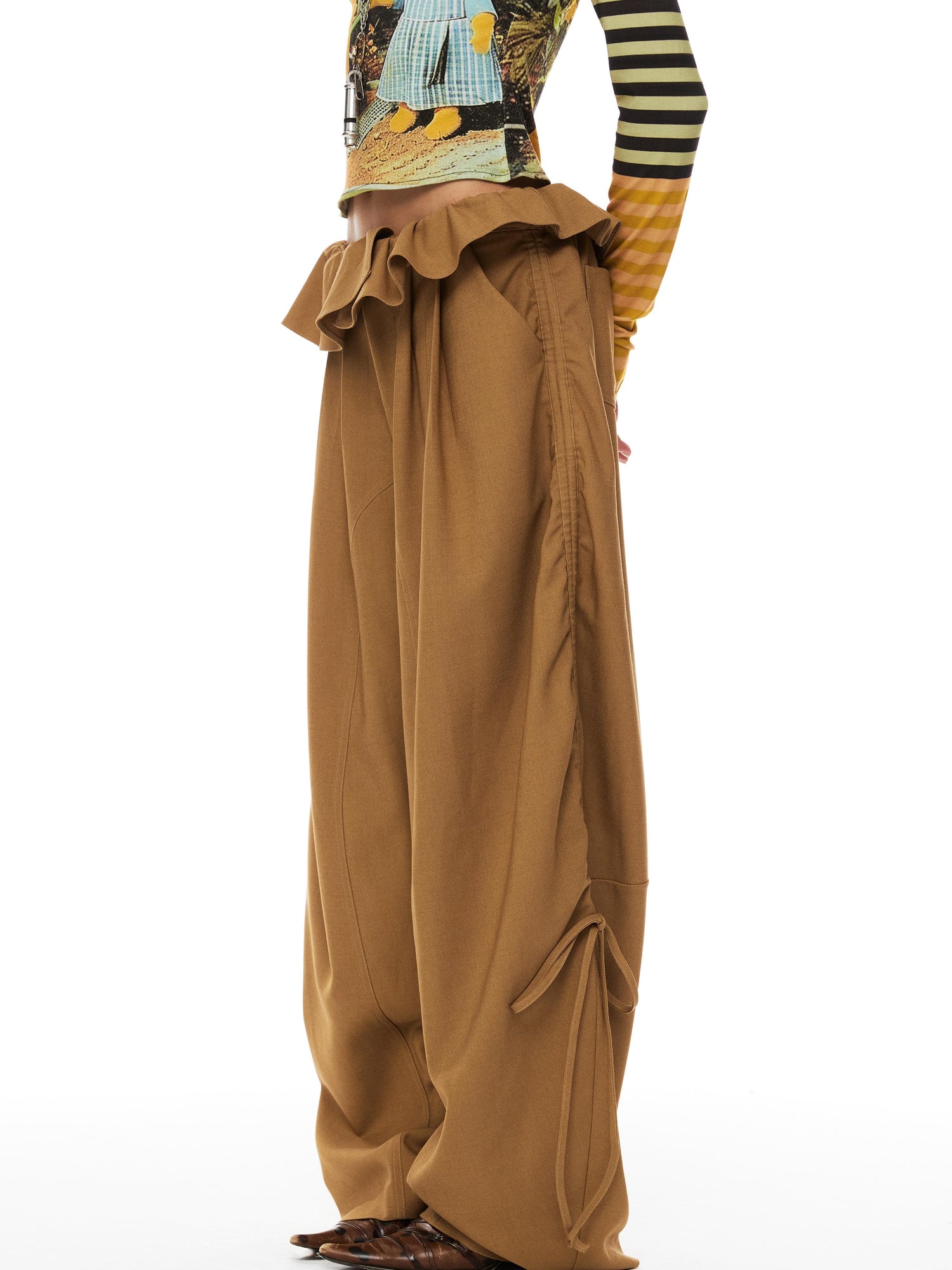 YOSHUYUKI s Khaki Lace Ruffle Flared Palazzo Trousers