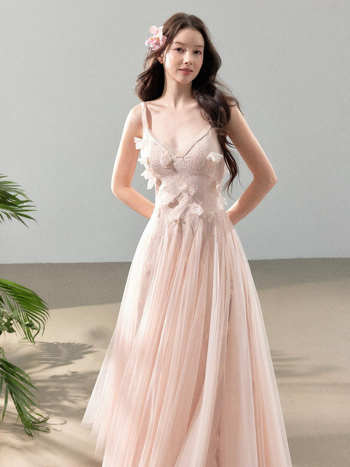 YZZI HE 3d Floral Tulle Splice Lace V-neck Women&