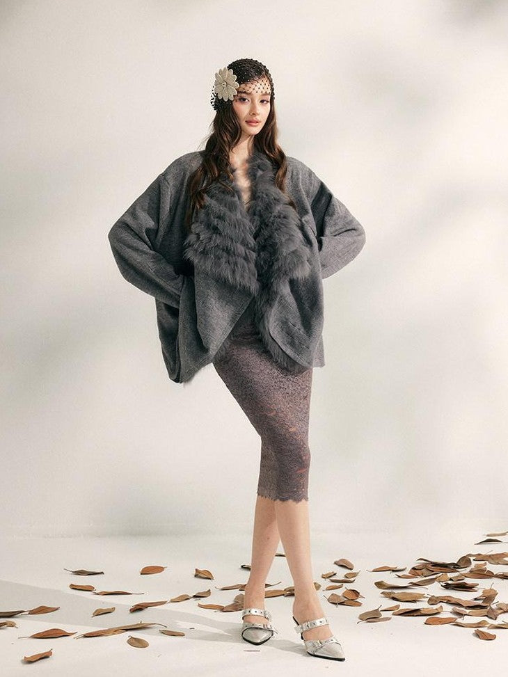 YZZI HE Apricot Yellow Fox Fur Collar Mid Length Loose Women&