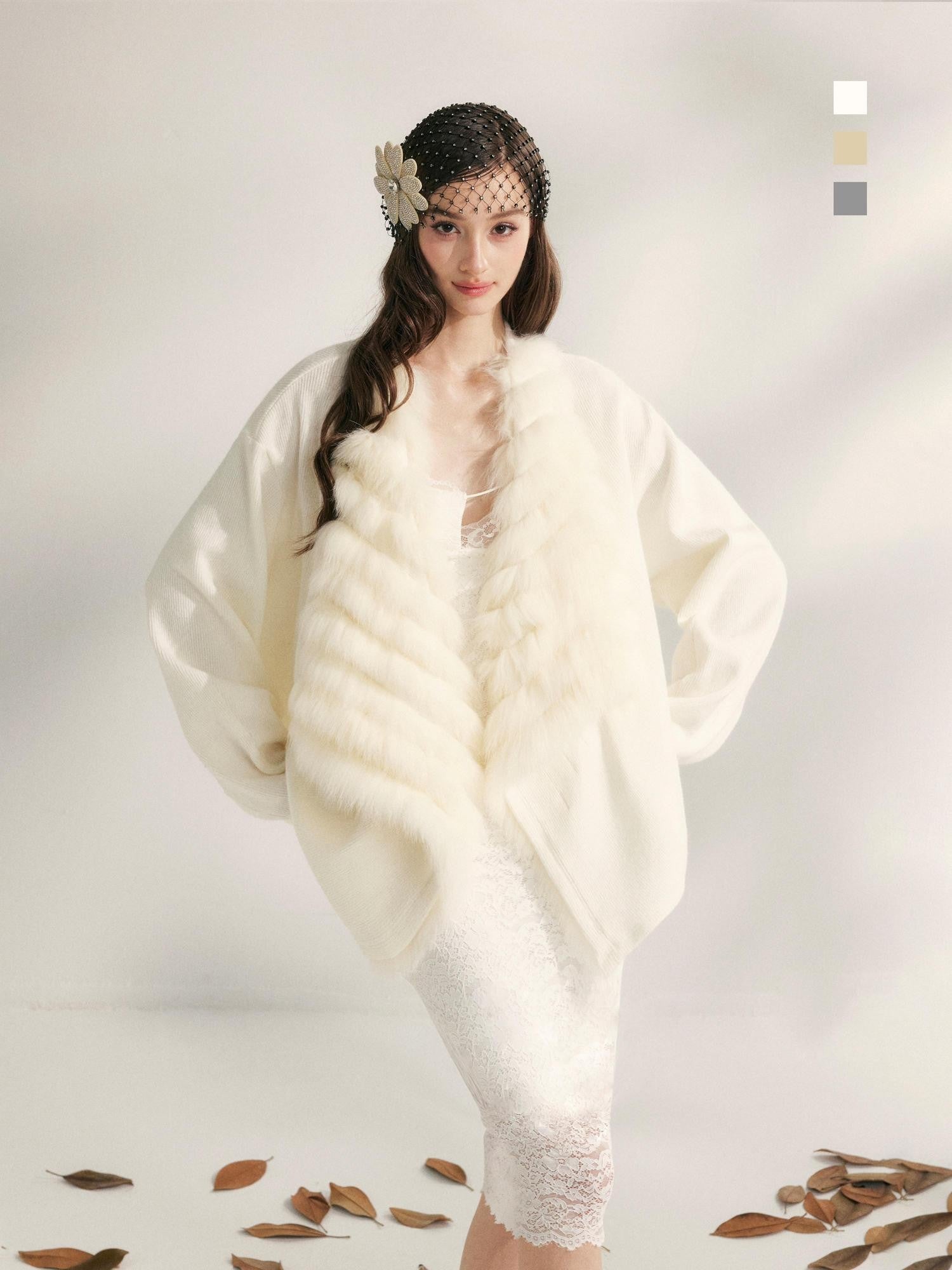 YZZI HE Apricot Yellow Fox Fur Collar Mid Length Loose Women&