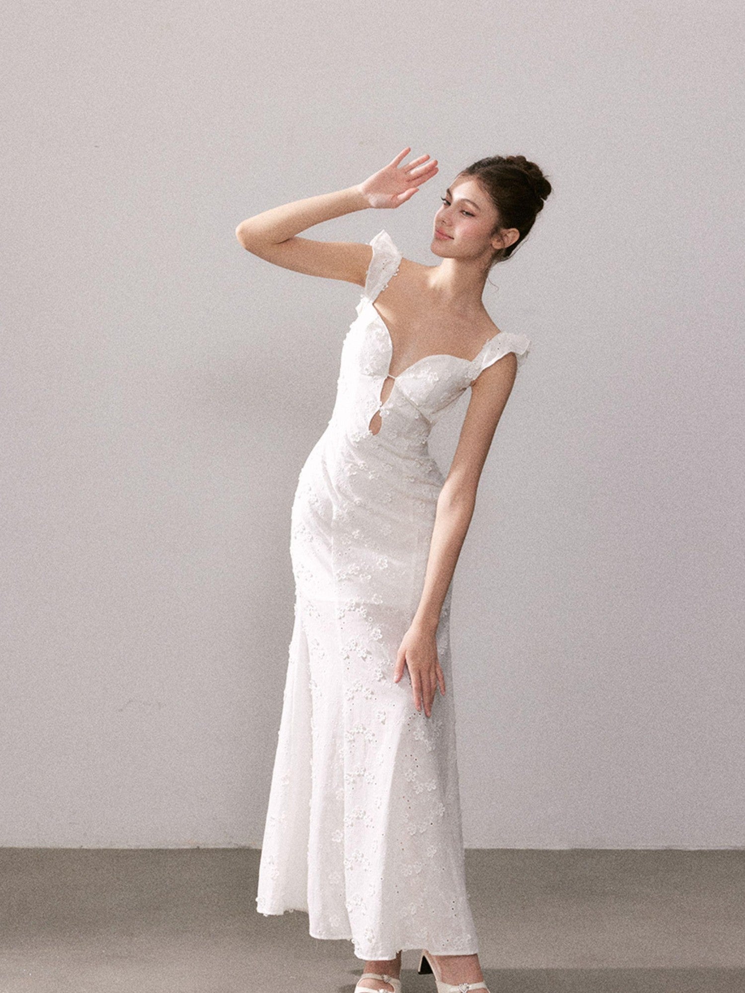 YZZI HE Cream Lace Floral V-neck High Waist Mermaid Cotton Women&