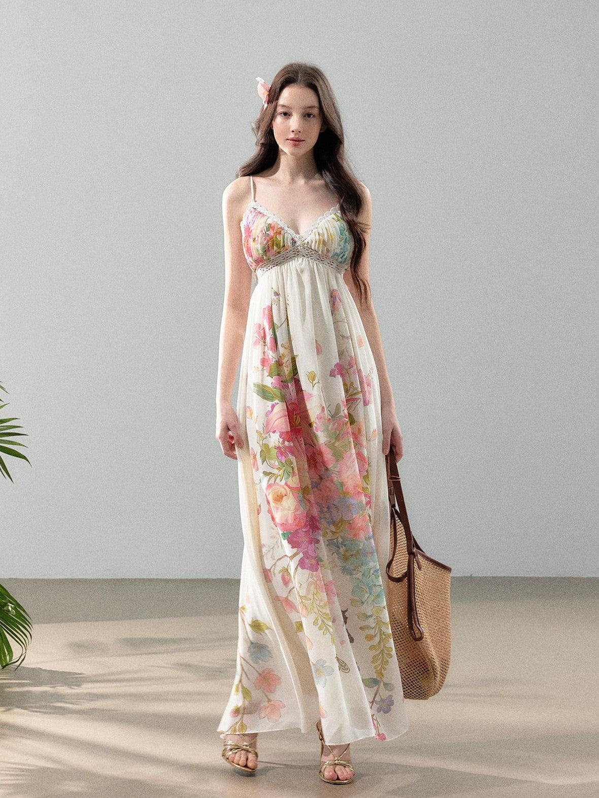 YZZI HE Floral Vine Print Chiffon Spaghetti Strap Women&