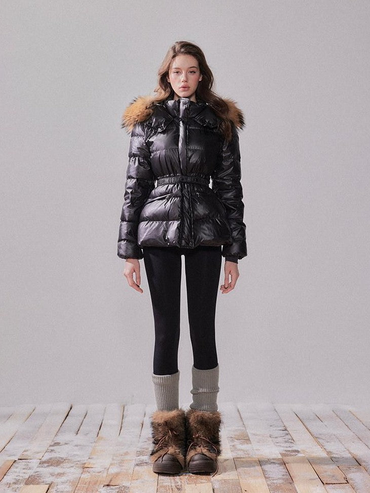 YZZI HE Fox Fur Collar Hooded High Waist Slim Women&