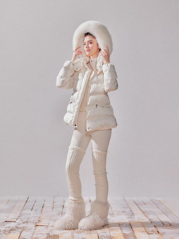 YZZI HE Fox Fur Collar Hooded High Waist Slim Women&