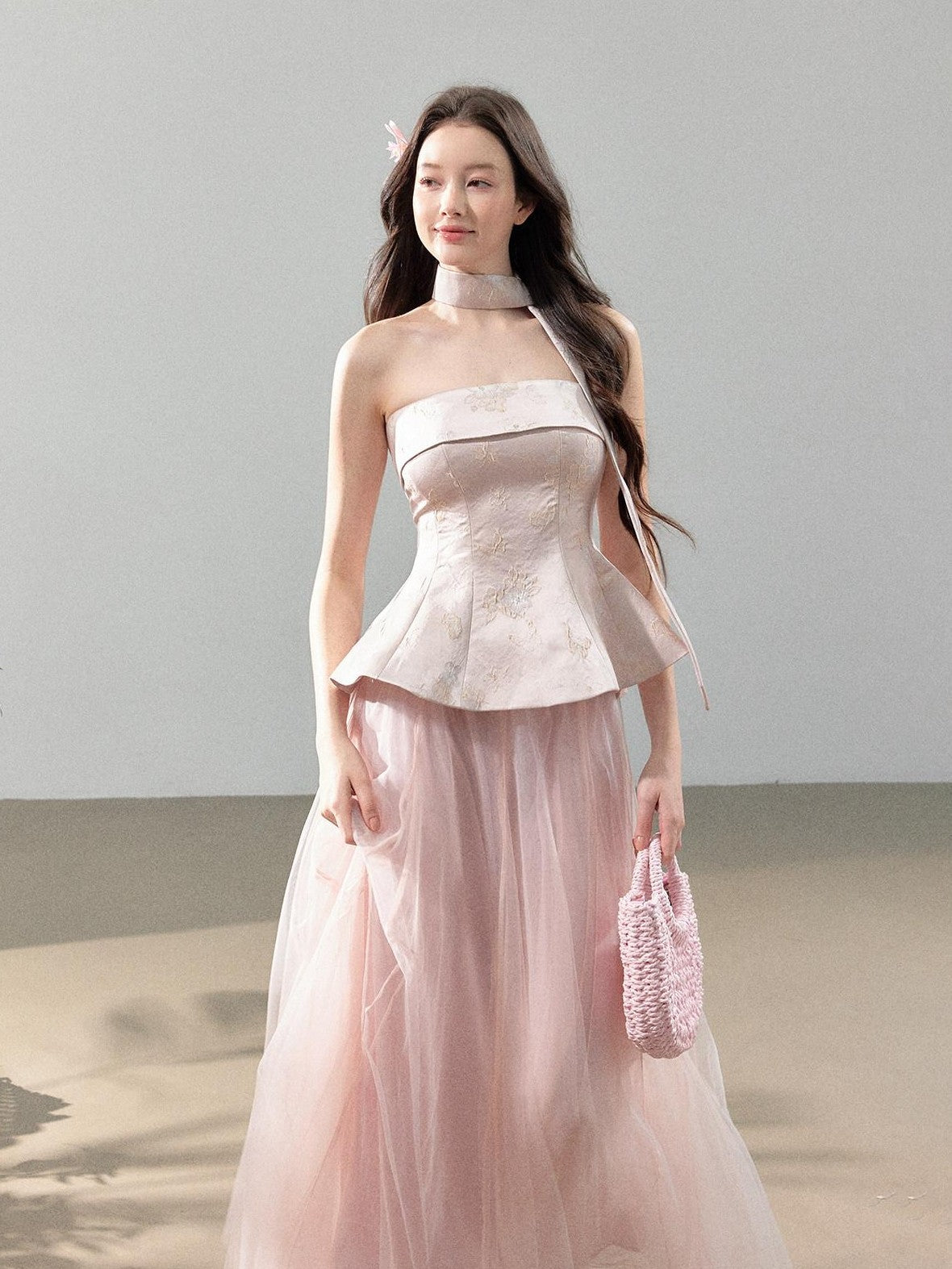 YZZI HE Jacquard Strapless Fitted Waist Modern Chinese Women&