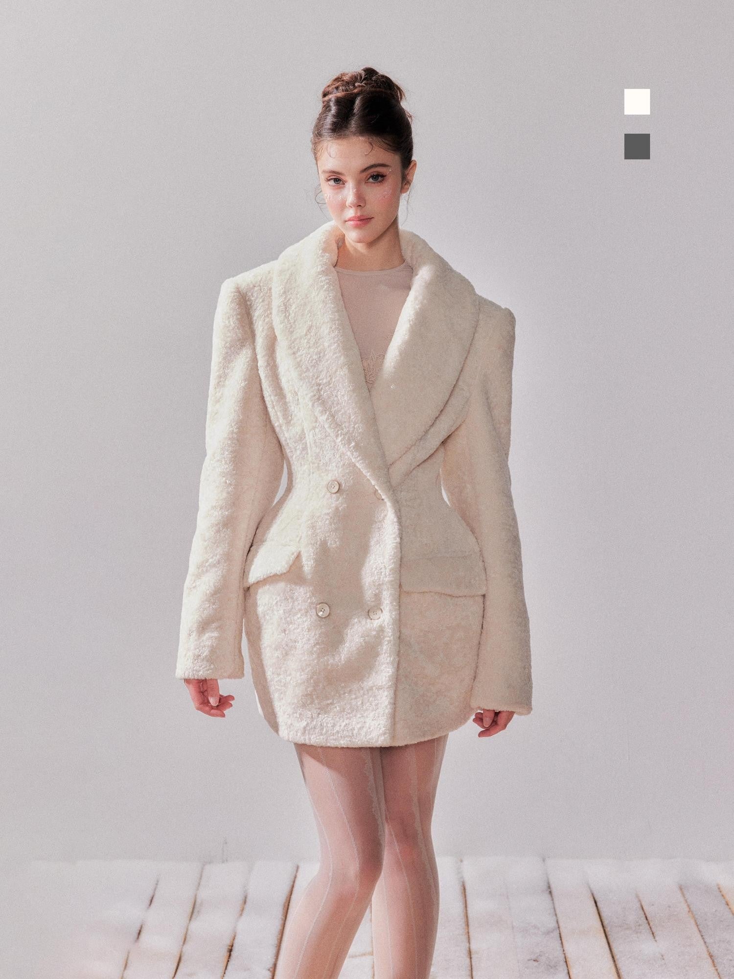 YZZI HE Pearl White Double Breasted Lapel Cinched Waist Women&