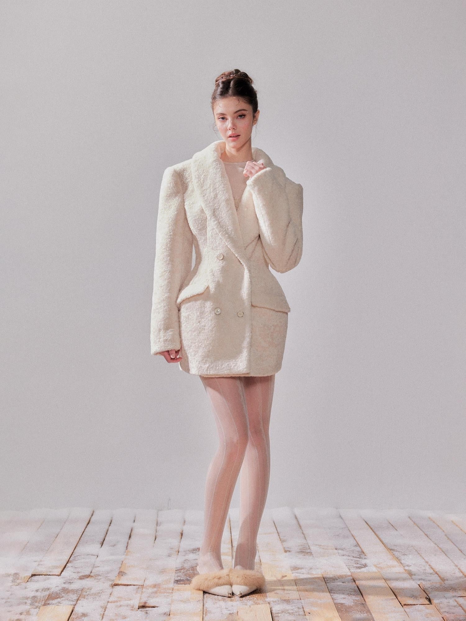 YZZI HE Pearl White Double Breasted Lapel Cinched Waist Women&