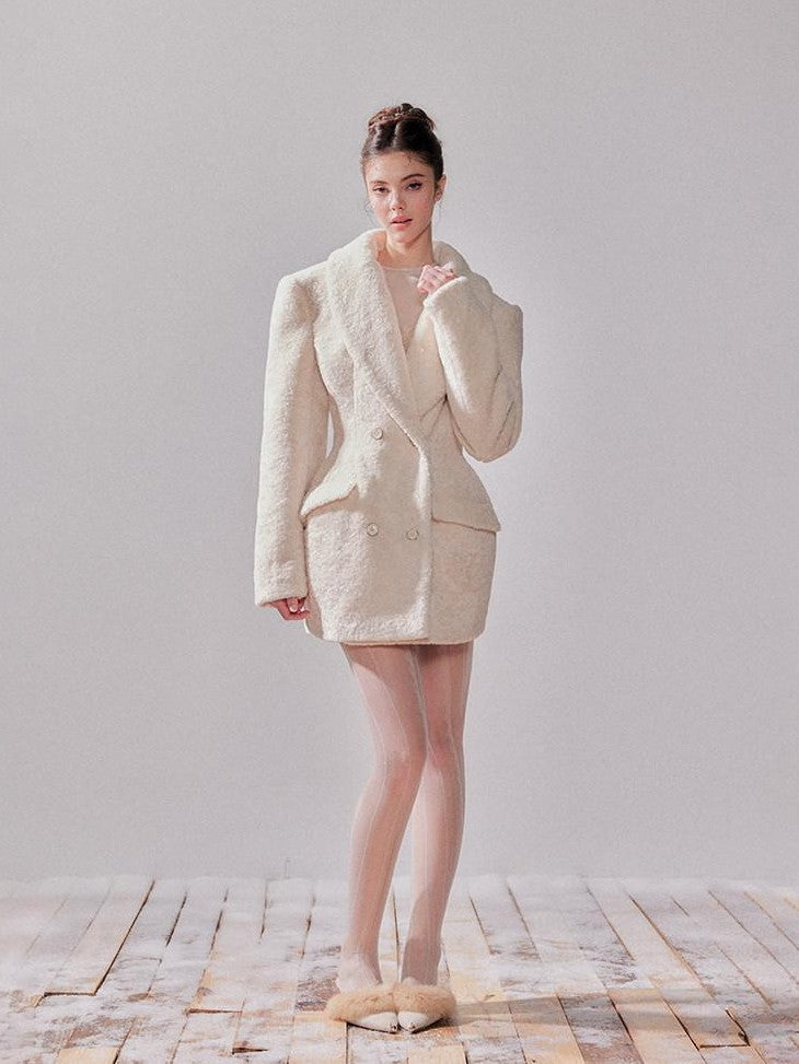 YZZI HE Pearl White Double Breasted Lapel Cinched Waist Women&