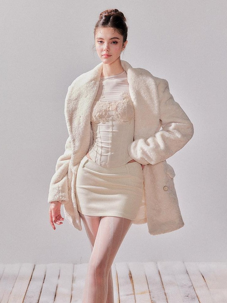 YZZI HE Pearl White Double Breasted Lapel Cinched Waist Women&