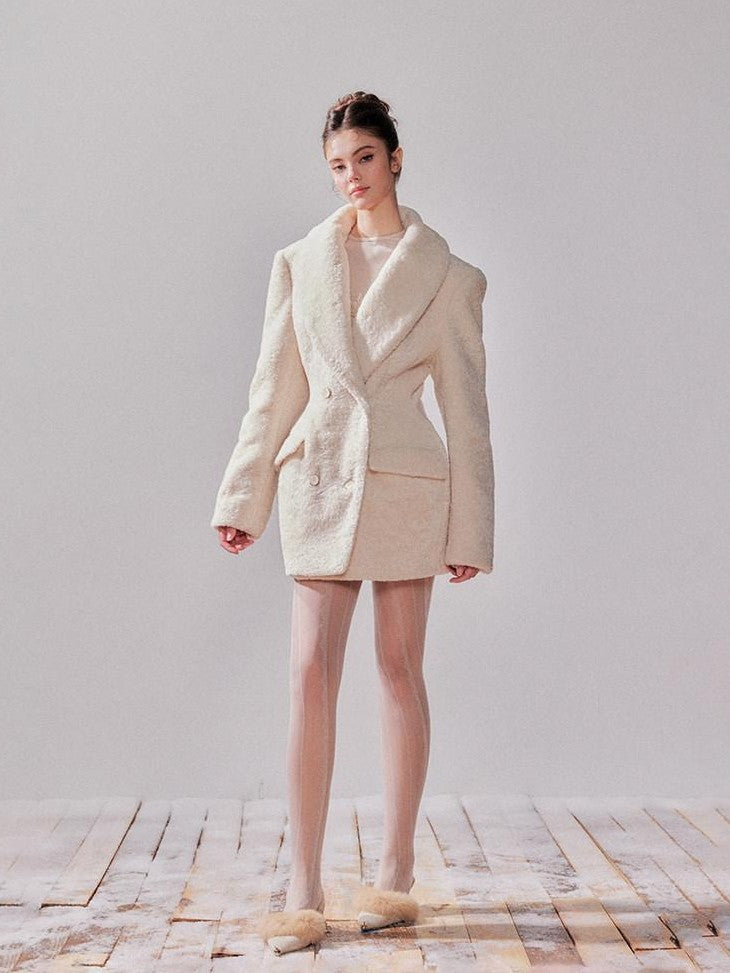 YZZI HE Pearl White Double Breasted Lapel Cinched Waist Women&