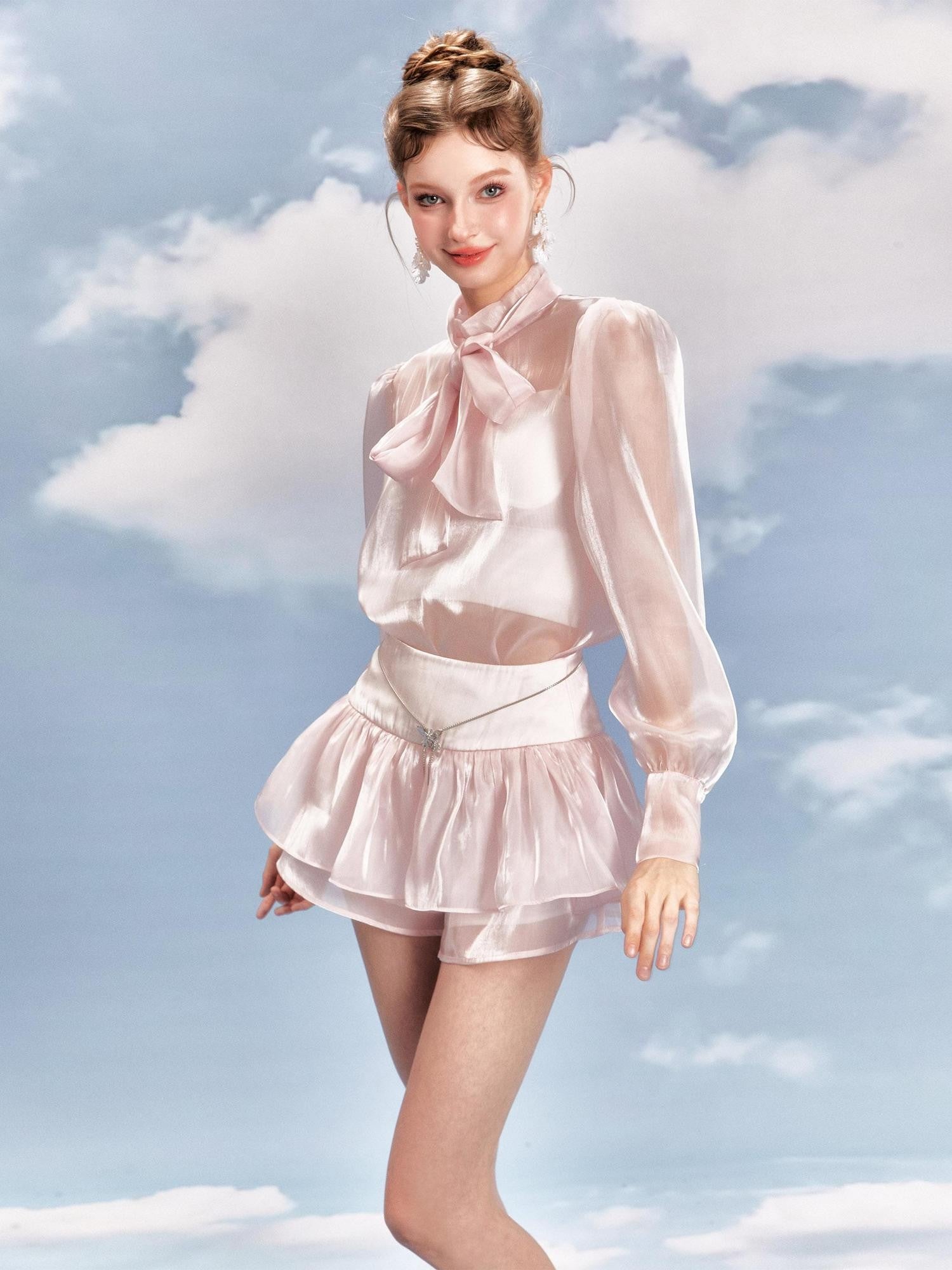 YZZI HE Pink Bow Stand Collar Women&