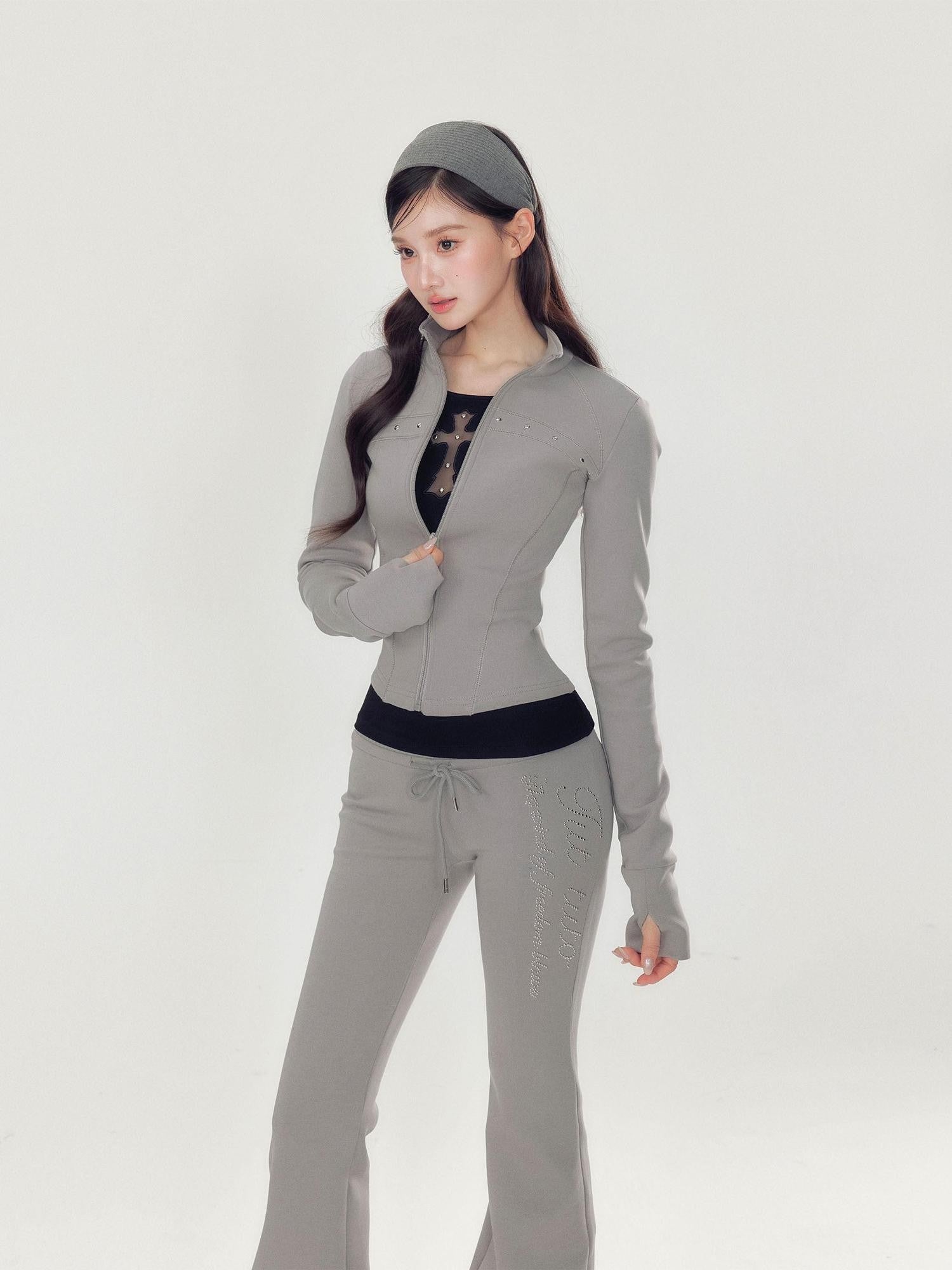 YZZI HE Pink Stand Collar Slim Fit Yoga Zipper Long Sleeve Women&